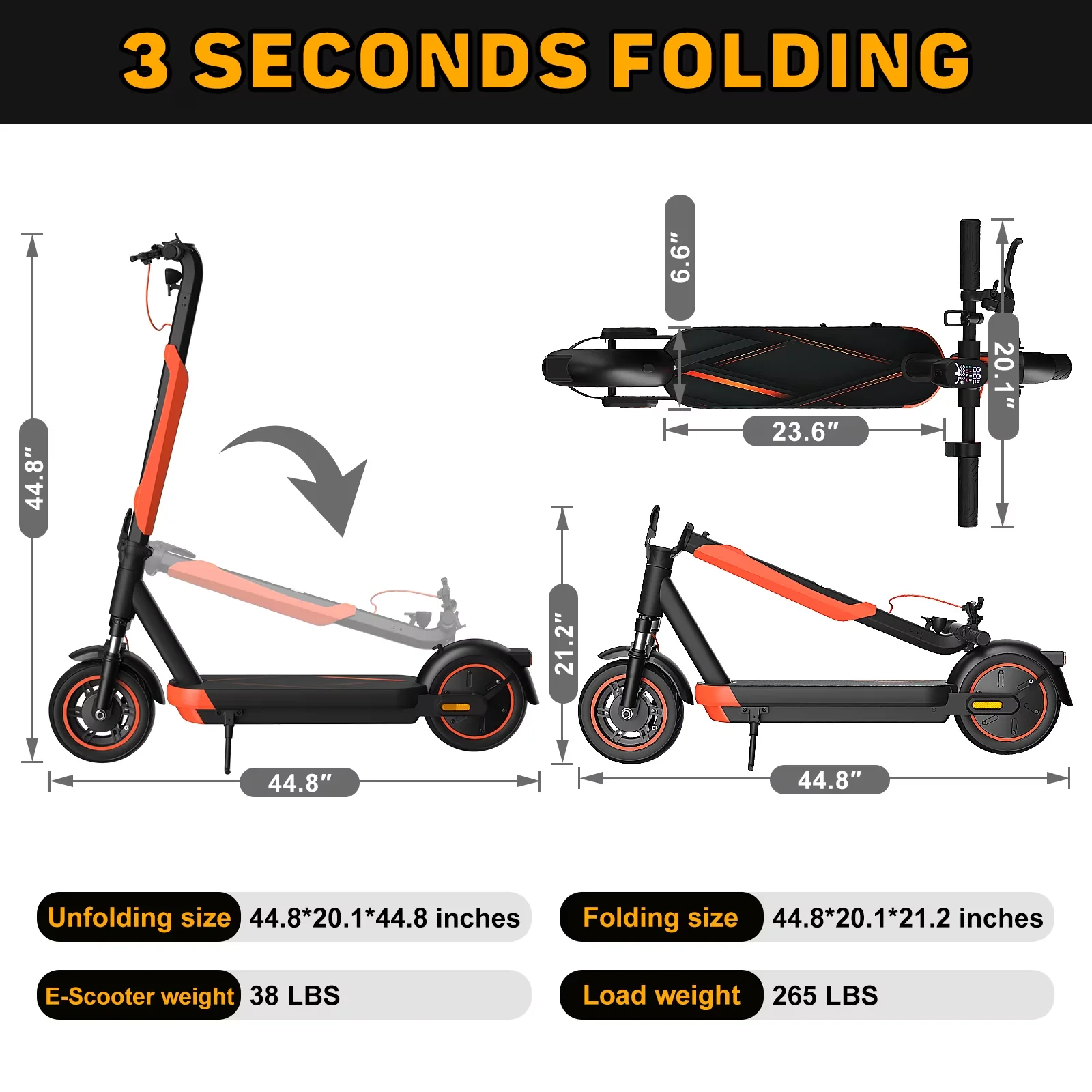 Sleek Scooter with 800W, Compact - Orange Aluminum Alloy 21MPH - Essential Collection Model 3D46CE