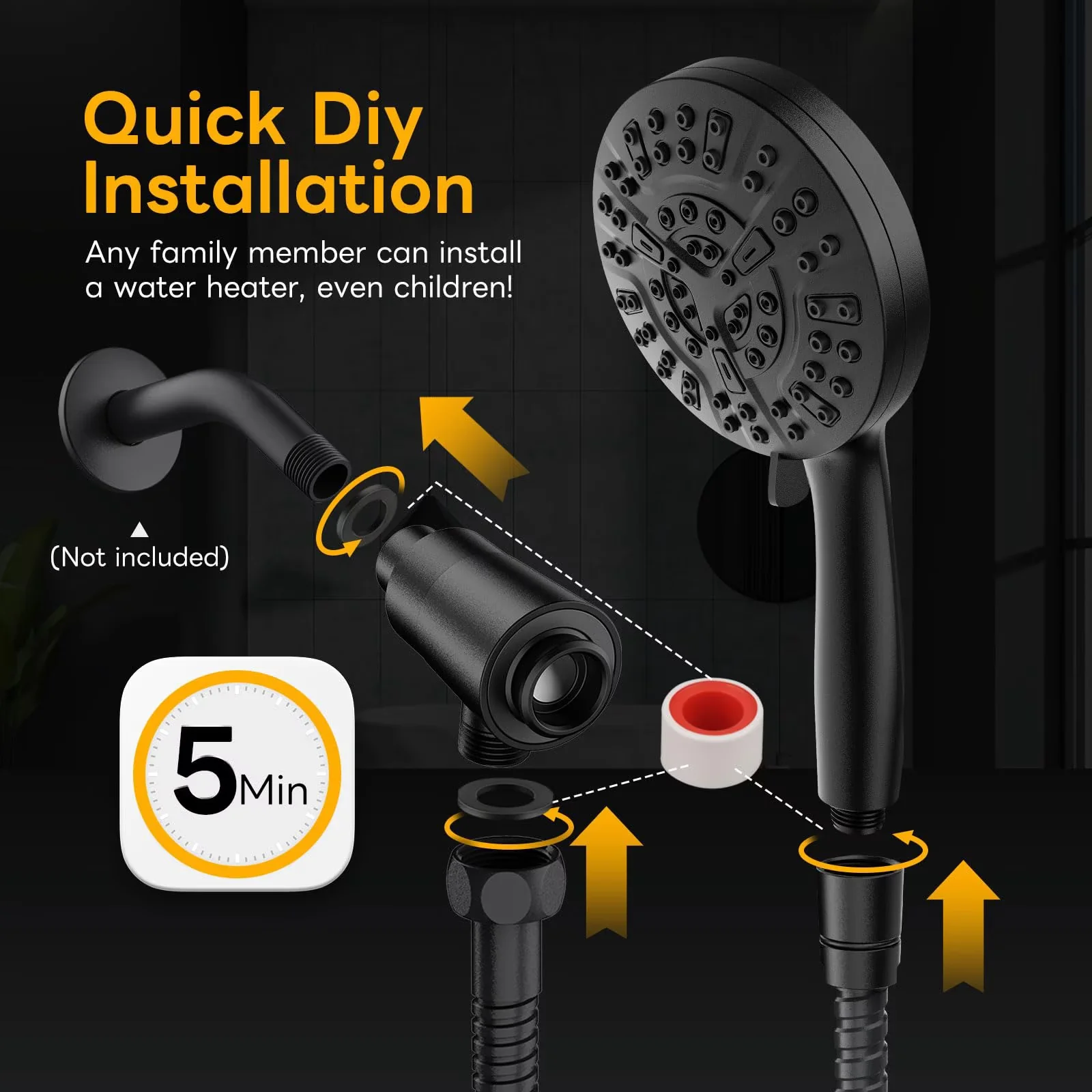 Shower Head Compact with Anti-Clog, Adjustable - Black Polypropylene, Brass Model C4BAA5