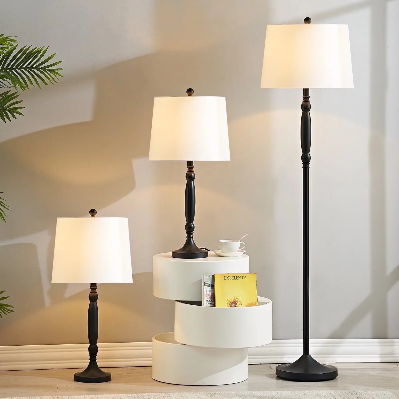 Versatile Lamp Set with Dimmable, White Linen Shades, Black Metal - Metal Black Model 1D9EAE