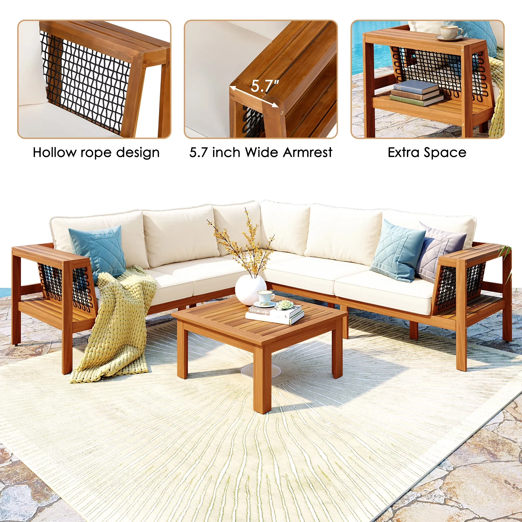 Classic Patio Conversation Set with Weatherproof, L-Shaped Furniture Sofa, Woven Mesh Armrests - Wood Beige,Teak Model 4EDA8F