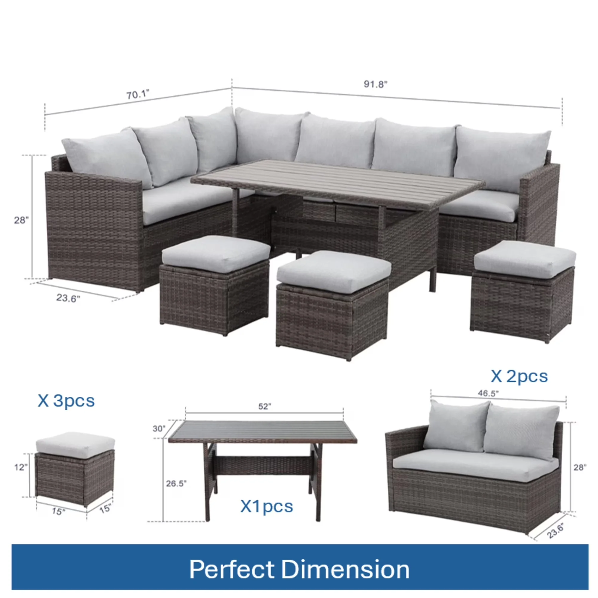 Quality Outdoor Sofas Sectional with Storage, Ottomans & Dining Table, 9-Seat Gray Cushions Sofa - Brown Rattan for Garden Model 0BCB66