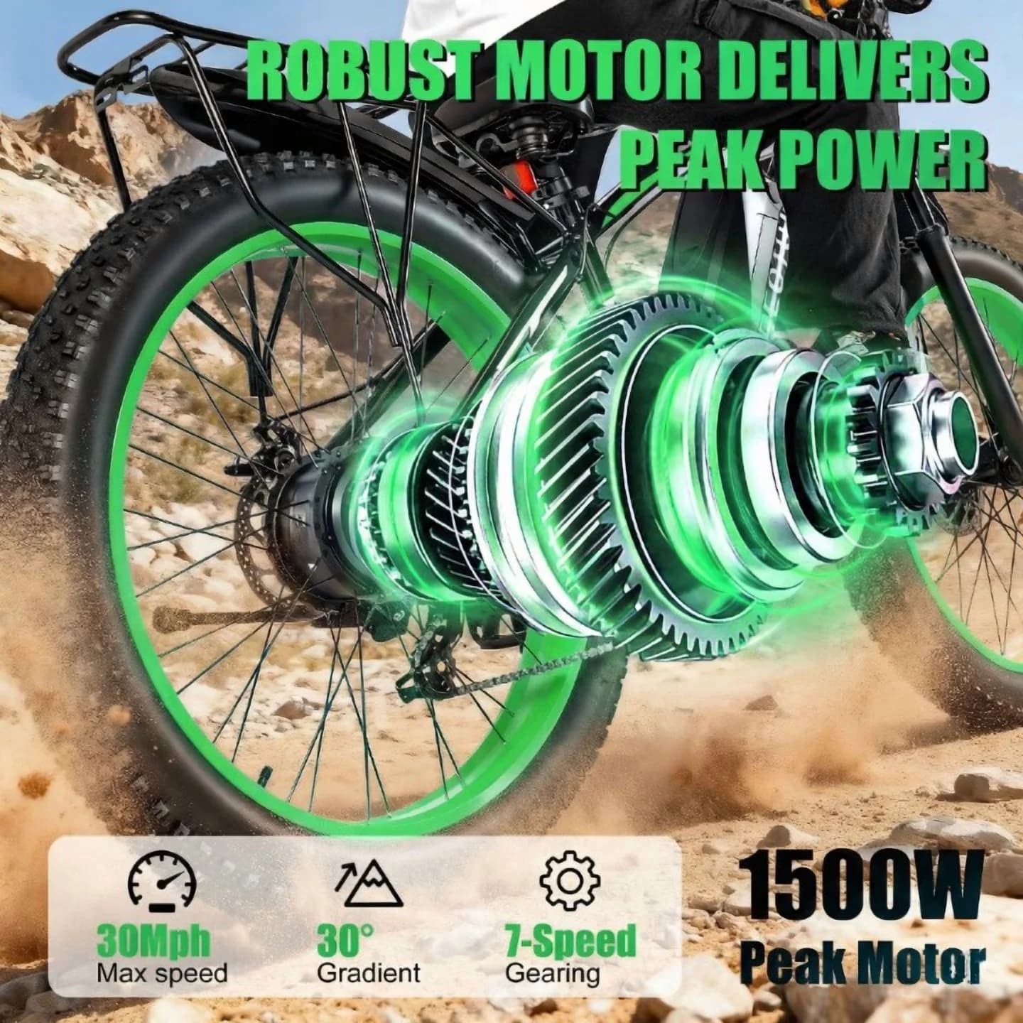 Electric Bike Durable with Battery, 1500W, 26" Fat Tire - Green - Universal Fit Model 9897C4