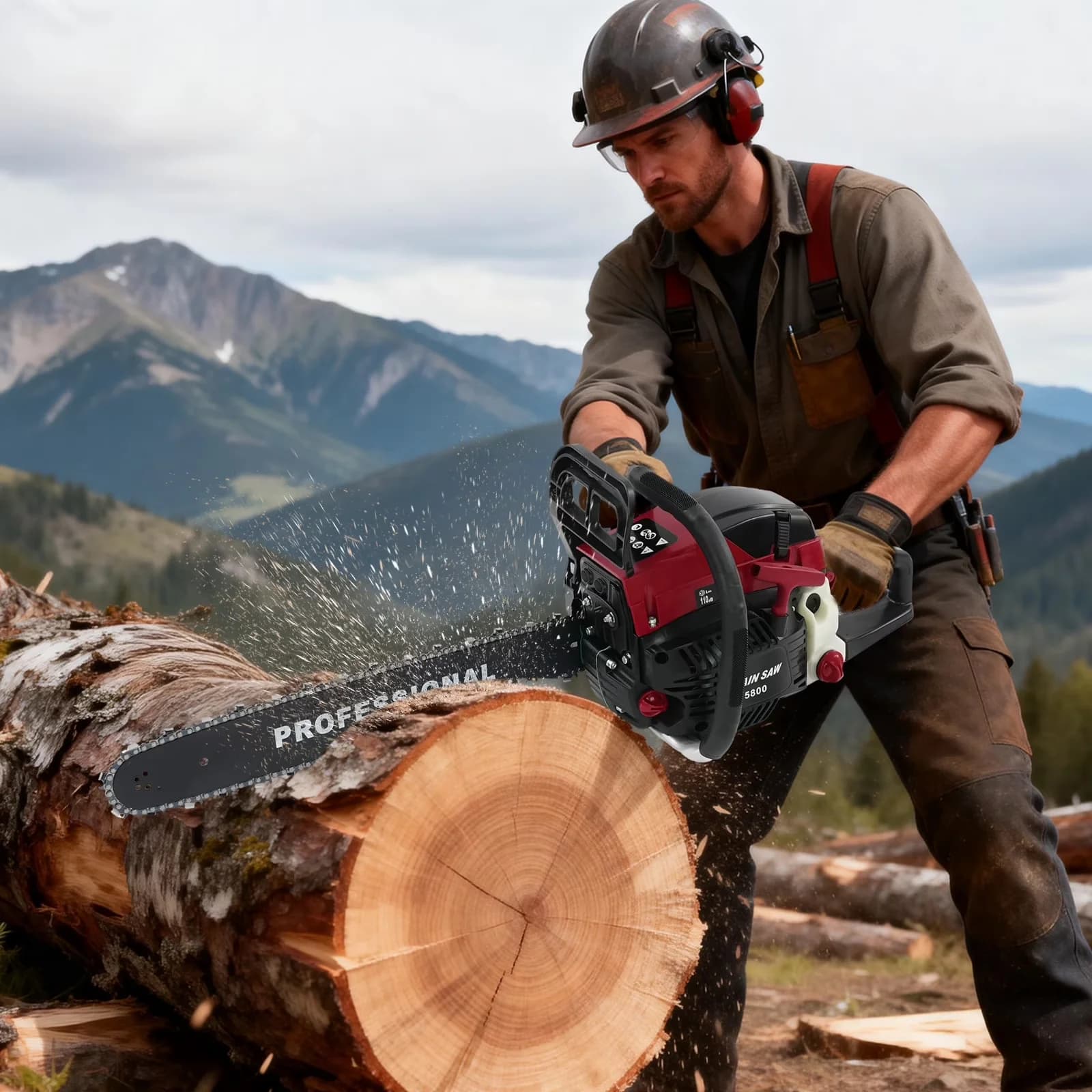 Stylish Chainsaw with Chain Brake, Adjust the Chain Tightness., Install the Guide bar. - Red Model CA2FA6