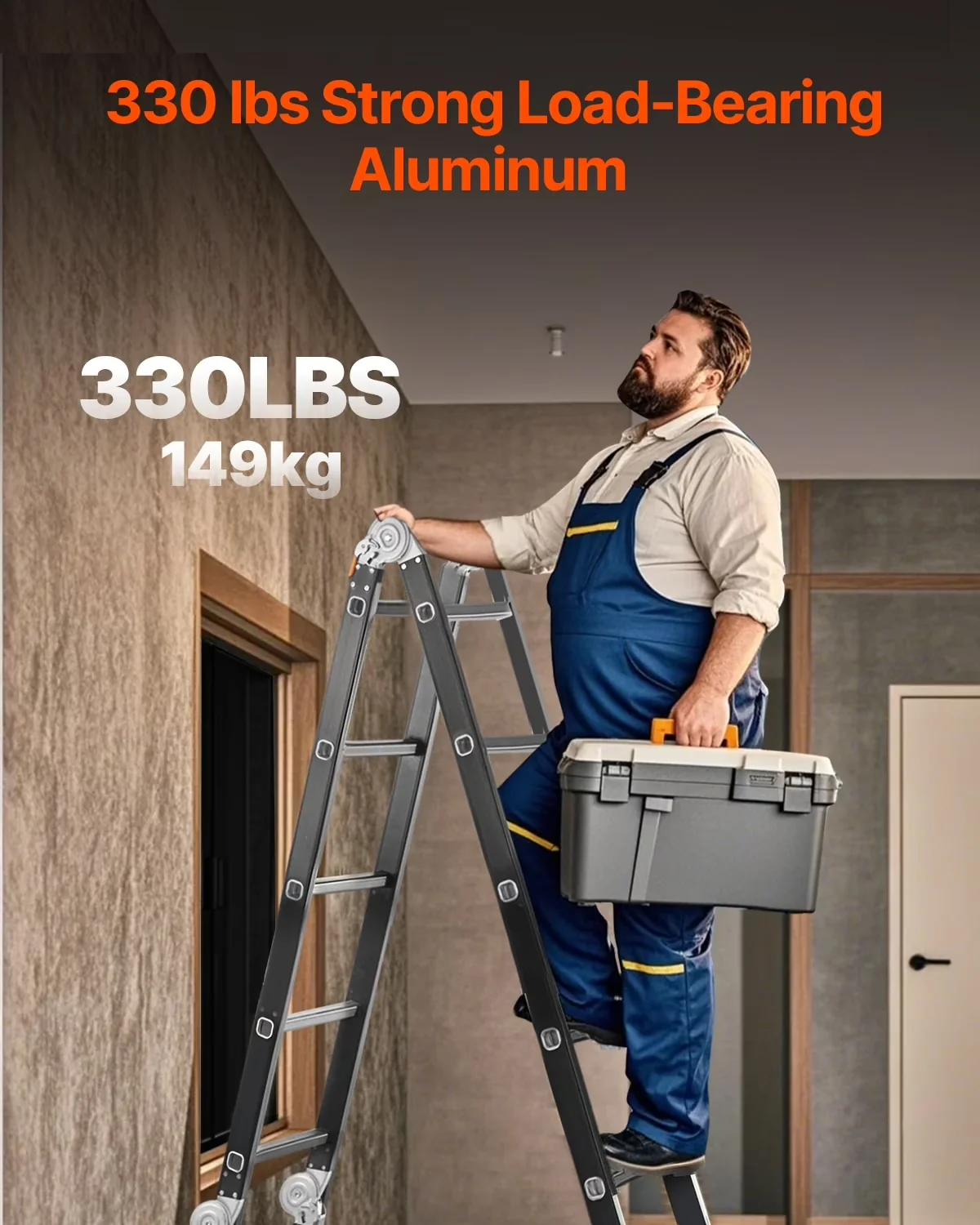 Durable Ladders And Step Stool with 7-in-1 Tall Extension Ladder, 15.5ft Reach Height Heavy Duty - Black Aluminium Alloy Model C0408D