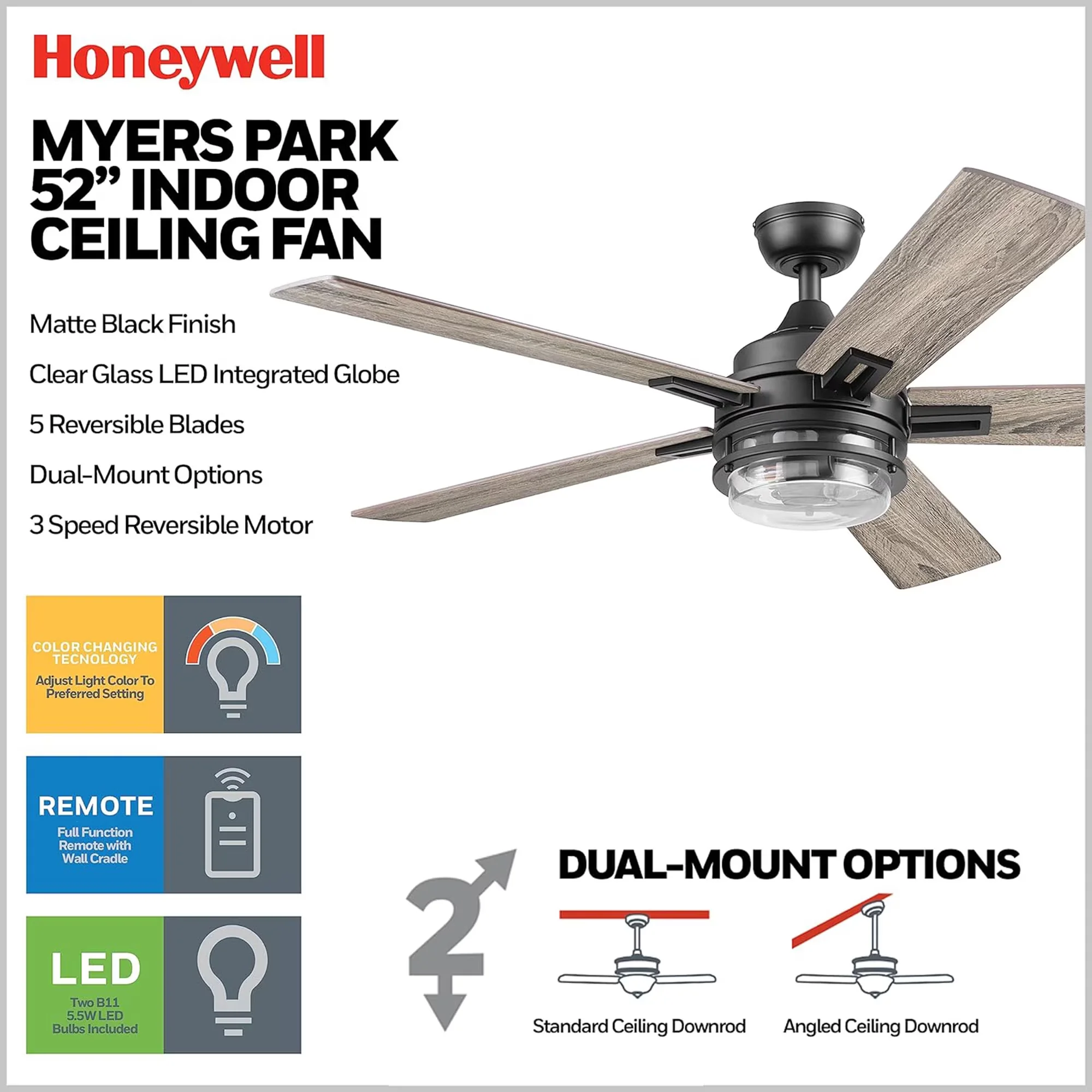 Ceiling Fan Versatile with LED, Farmhouse, Myers Park 52" w/ Remote - Black Glass Model F577DA