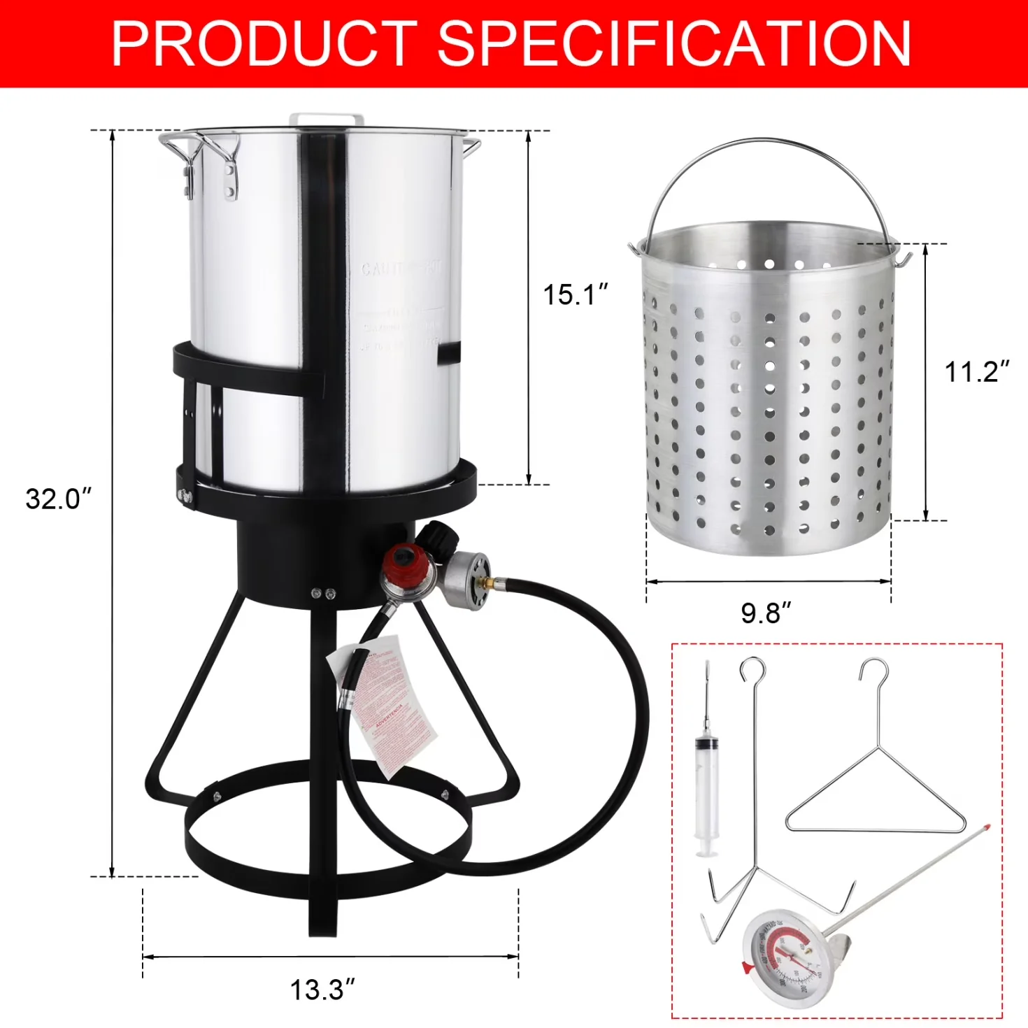 Durable Outdoor Fryer with 55000 BTU, Thermometer - Aluminum Silver for Outdoor Model 71E692