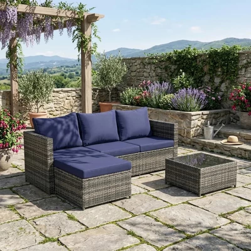 Reliable Patio Conversation Set with Ottoman, 3-Piece Furniture, Coffee Table - Rattan, Metal Blue Model AAD1DF