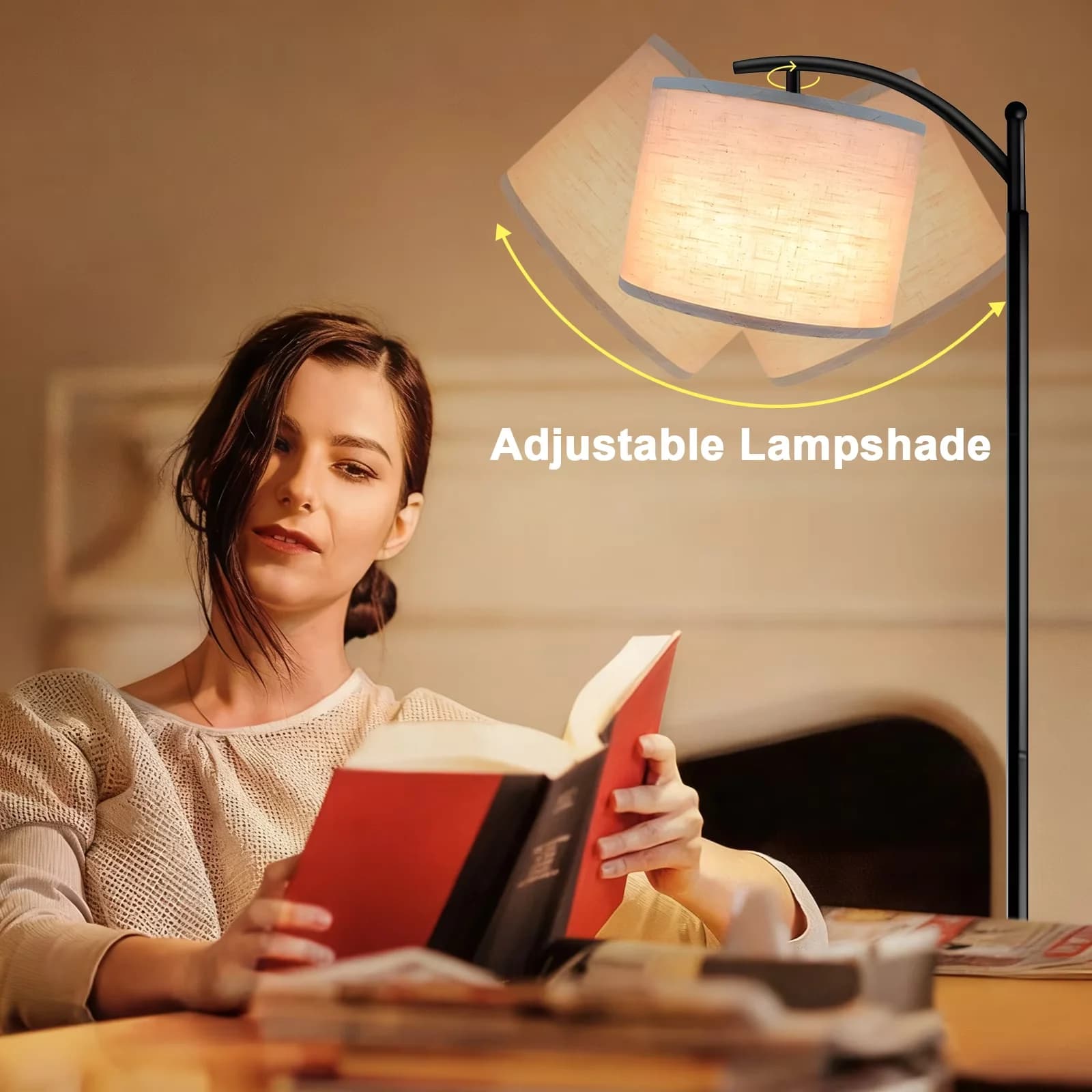 Classic Floor Lamp with LED, Adjustable Head, Modern - Fabric Beige for Living Room Model 695F57