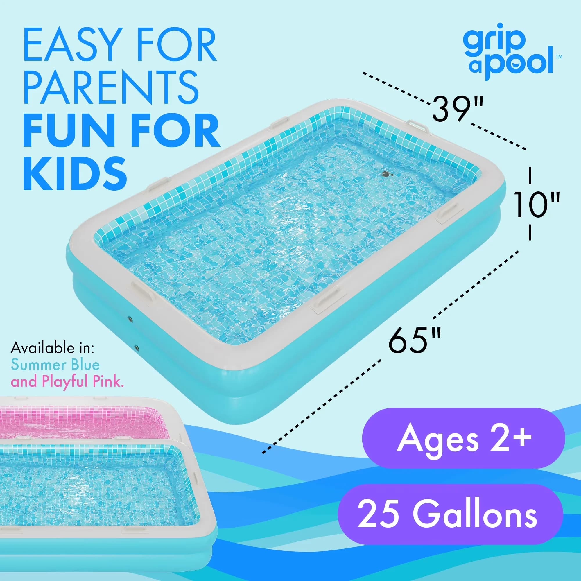 Premium Inflatable Pool with 65" x 39" x 10", Kiddie - Pink - Modern Design Model 418540