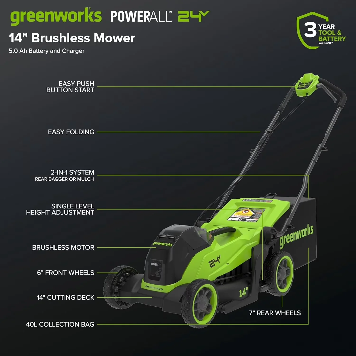 Premium Push Mower with Battery, 65W, 24V 14″ Brushless Cordless Lawn Kit - Green Model C596B5