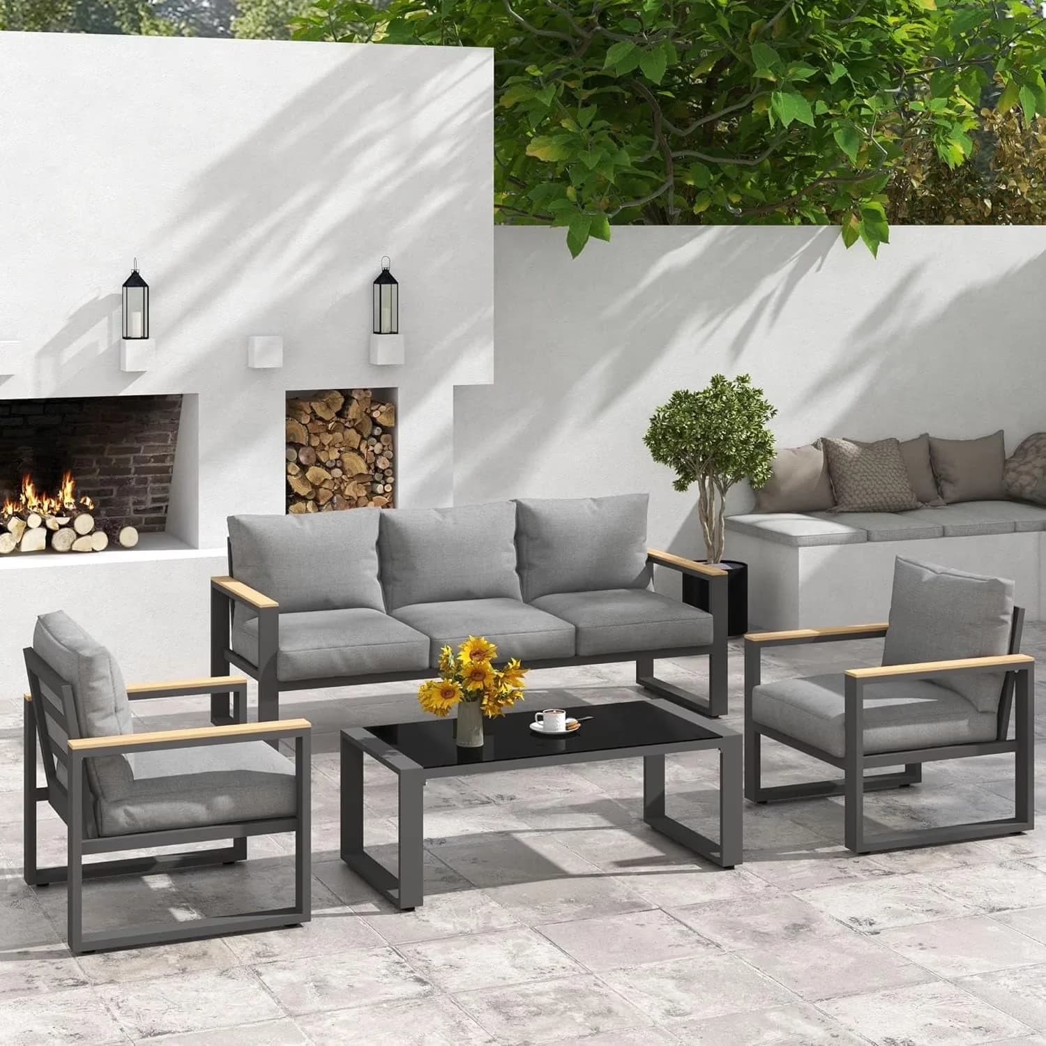 Compact Patio Conversation Set with Weatherproof, Coffee Table - Aluminum Grey for Garden Model 453149