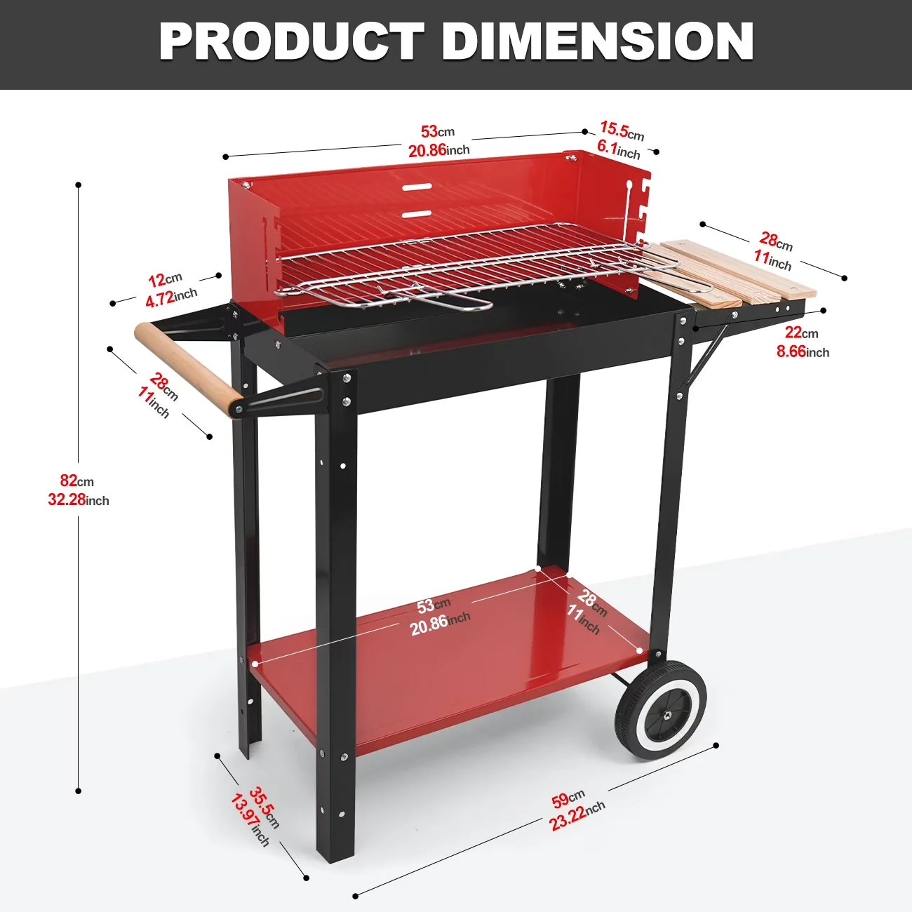 Compact Charcoal Grill with Portable, Square BBQ - Stainless Steel Red for Outdoor, Camping Model 6A08CA