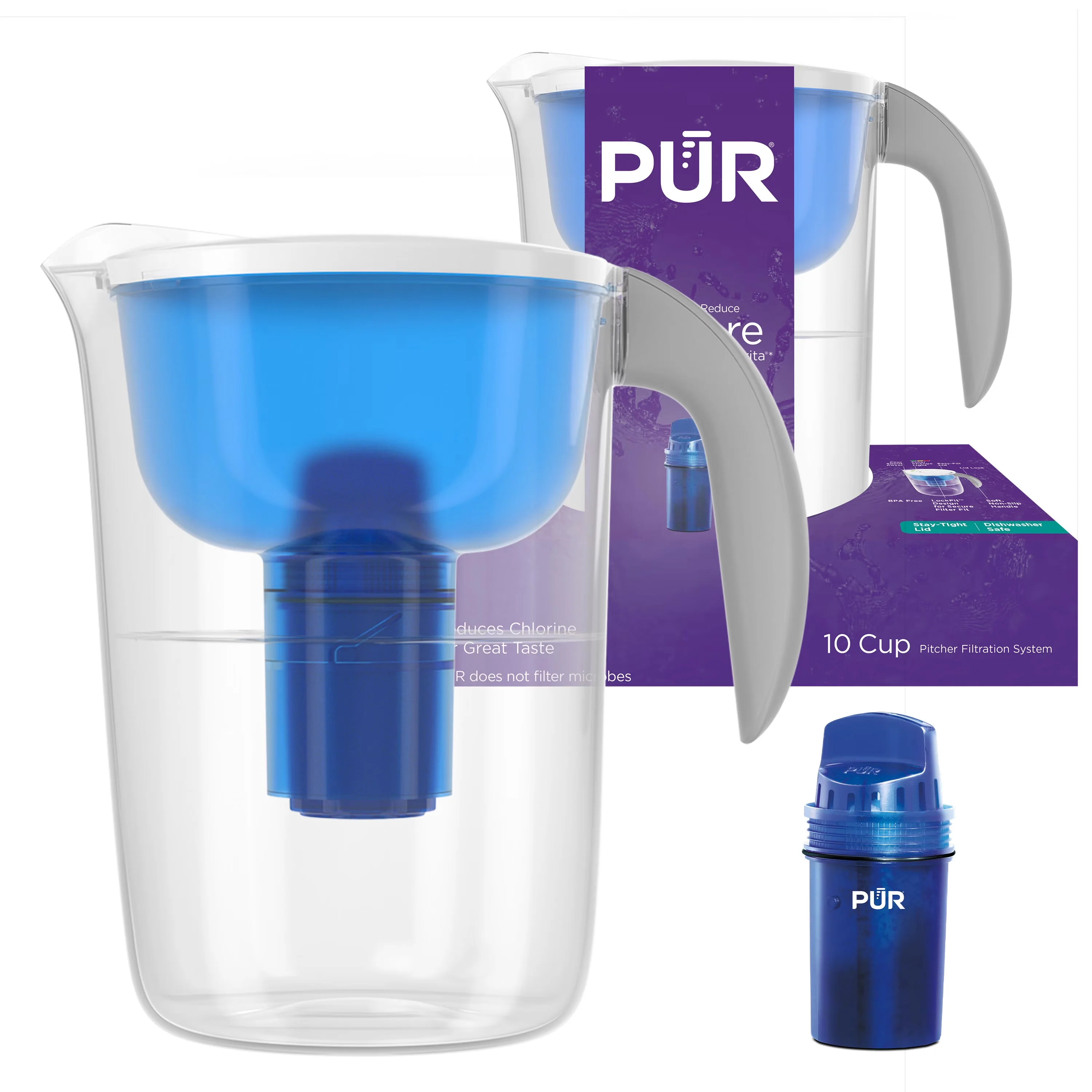 Premium Water Filtration with Dishwasher safe., White, 10-Cup Pitcher System - Blue Plastic Model 12D6E9