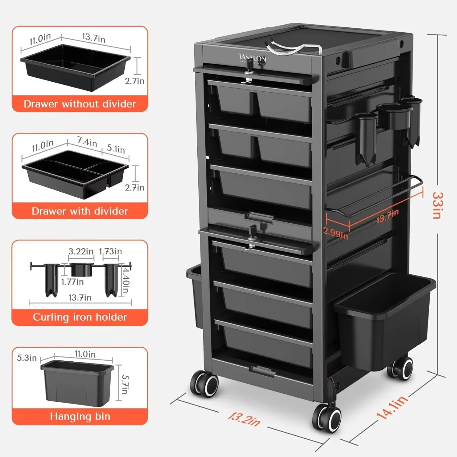 Efficient Toolstorage with Rolling, Salon Trolley Cart, Wheels - Polypropylene (Pp) Black Model 4AA50A