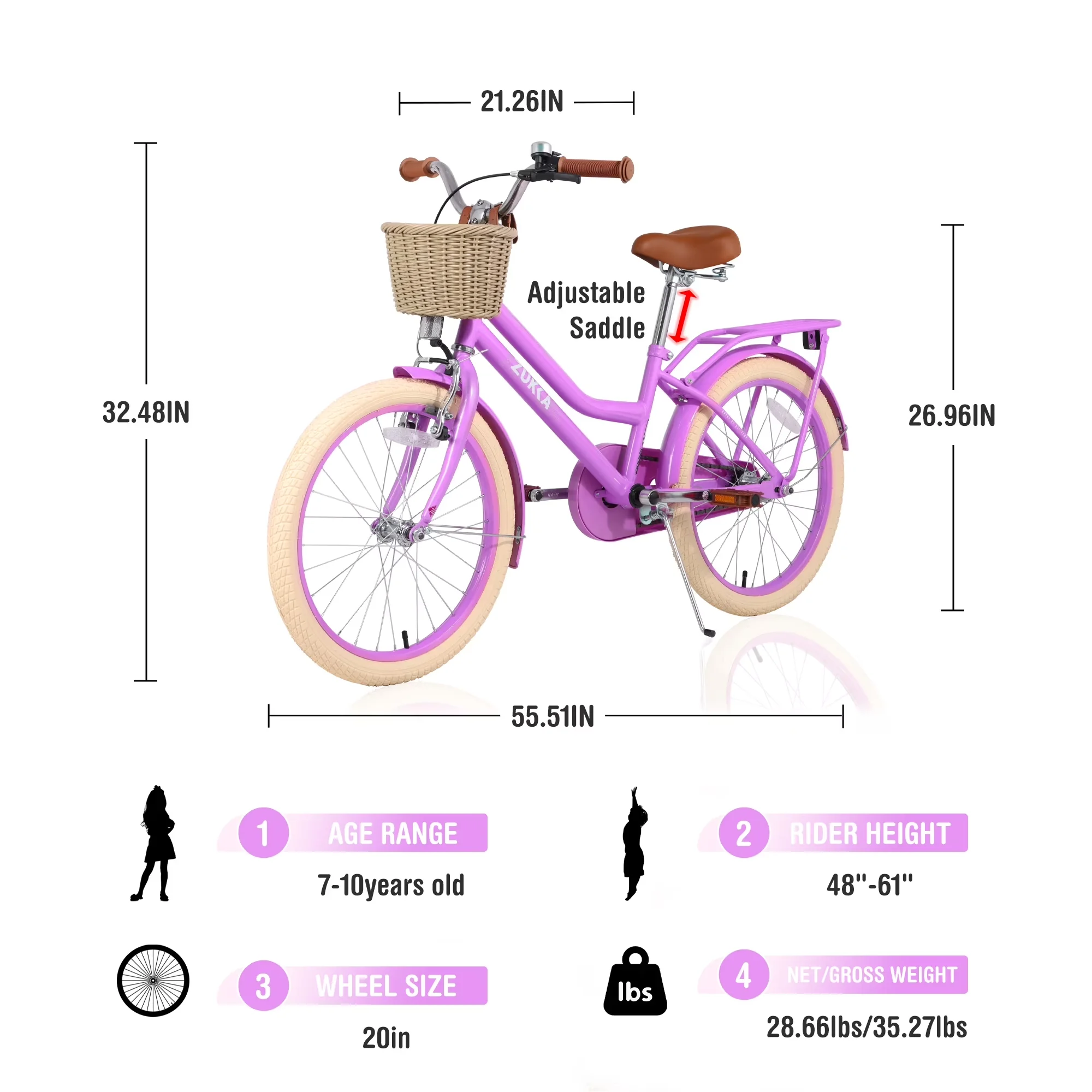 Reliable Kids Bike with Lightweight, Adjustable Height, Convenient Basket - Purple Model 482189
