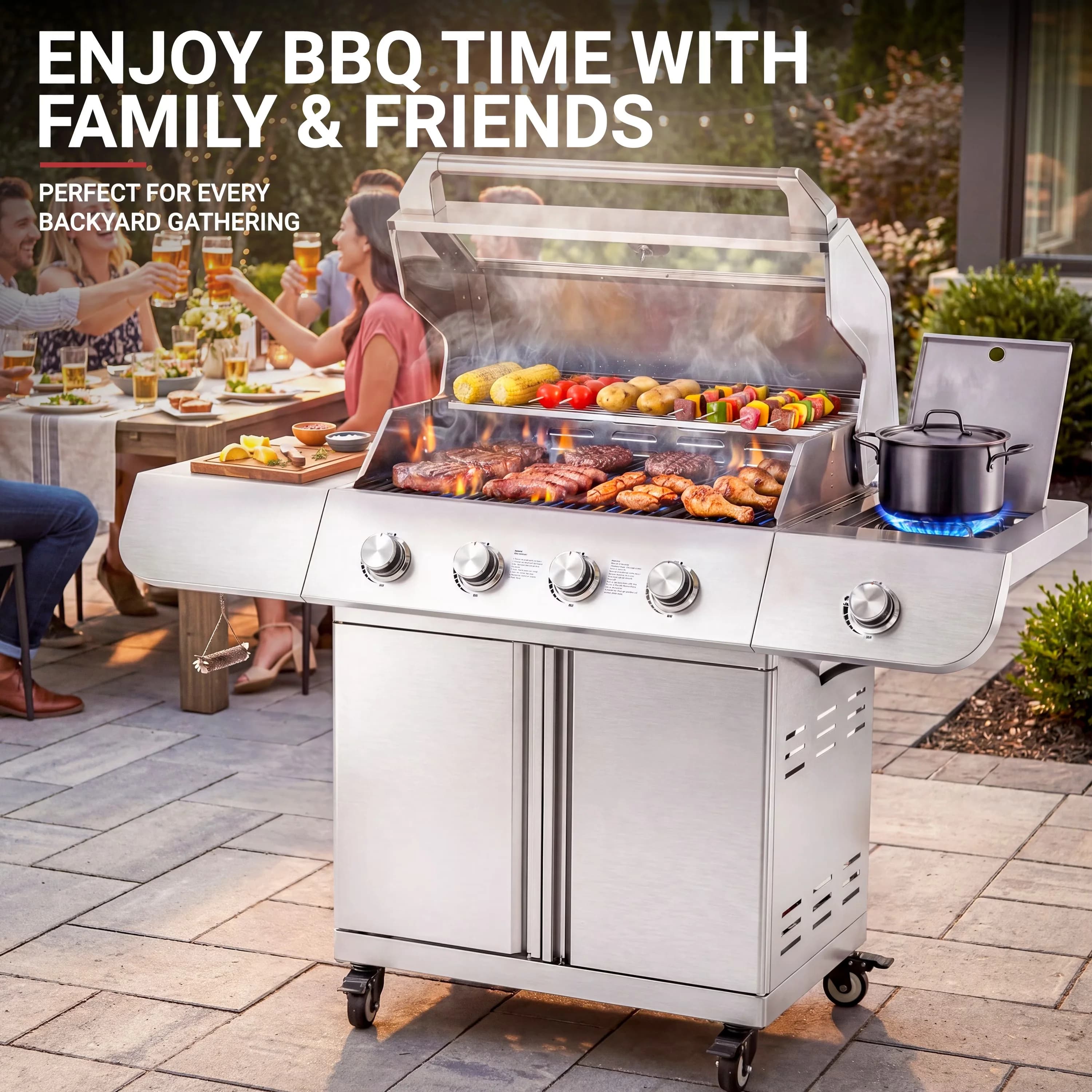 Versatile Gas Grill with 50000 BTU, Tool Holder - Silver Stainless Steel, Porcelain-Enameled Cast Iron for Patio, Camping Model 7EE25A