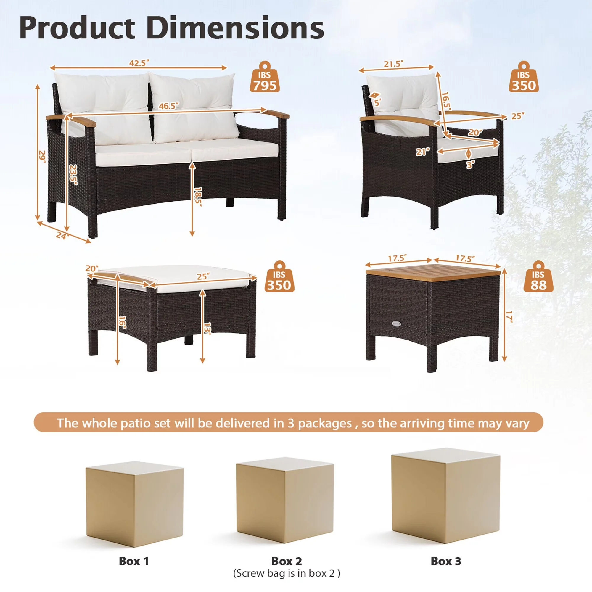 Stylish Patio Conversation Set - Pe Rattan, Steel, Acacia Wood, Polyester Fabric, Sponge, Cotton White Model AFB12D