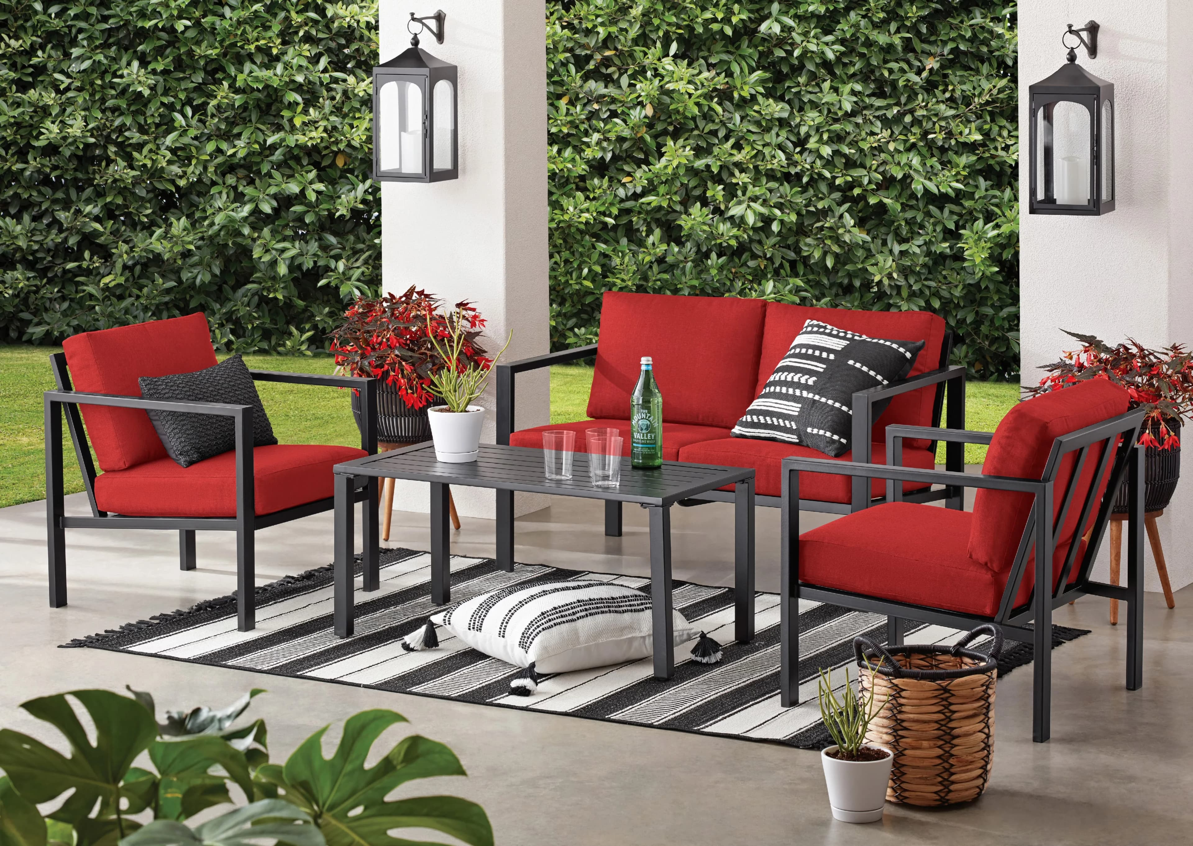 Essential Patio Conversation Set with Weatherproof, Dashwood 4-Piece Outdoor, Seats 4 - Red Olefin Model 7B2C22