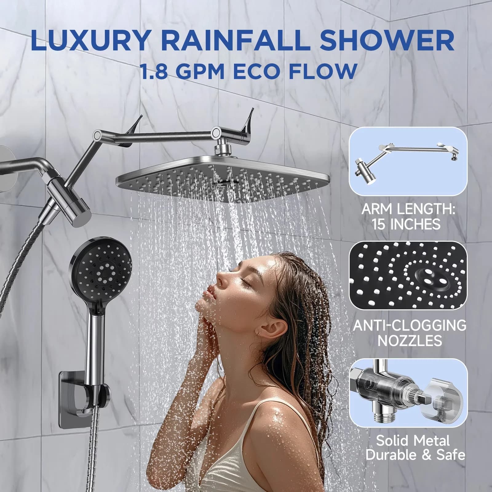 Reliable Bathroom Renovation with Adjustable, Adjustable Extension Arm, Dual Anti-Clog Nozzles - Silver Stainless Steels, Abs Model 9237F3