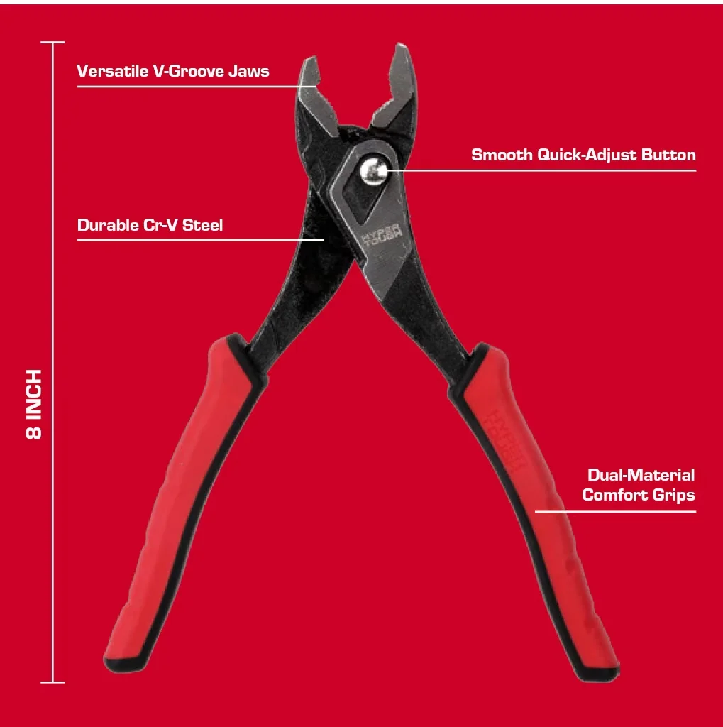 Hand Tool Quality with Dual Material Comfort Grips, 8-inch Push-button Slip-joint Pliers - Red 8" Model 923819