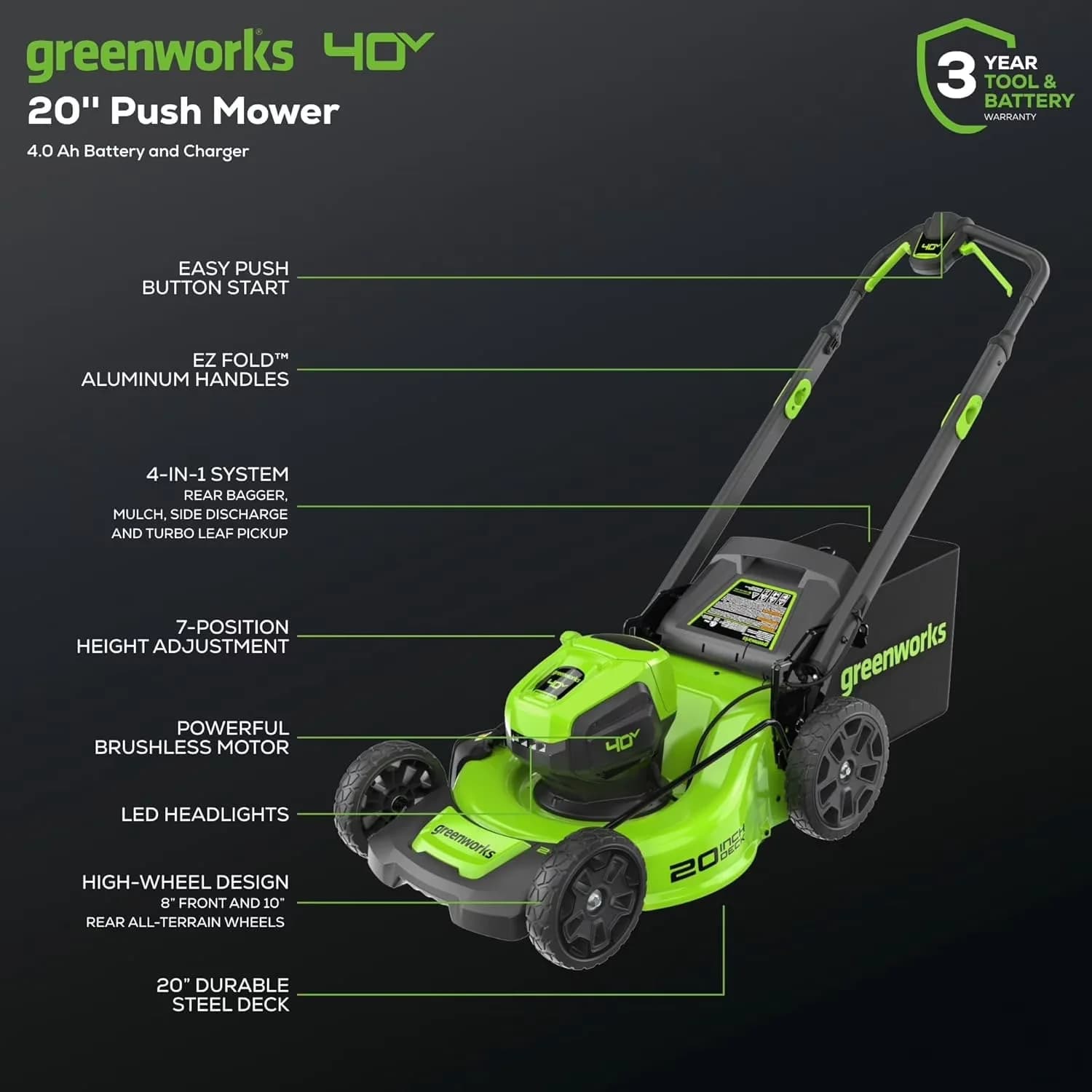 Stylish Push Mower with Battery, 40V, Brushless Motor - Green - Heavy Duty Model 043A3A