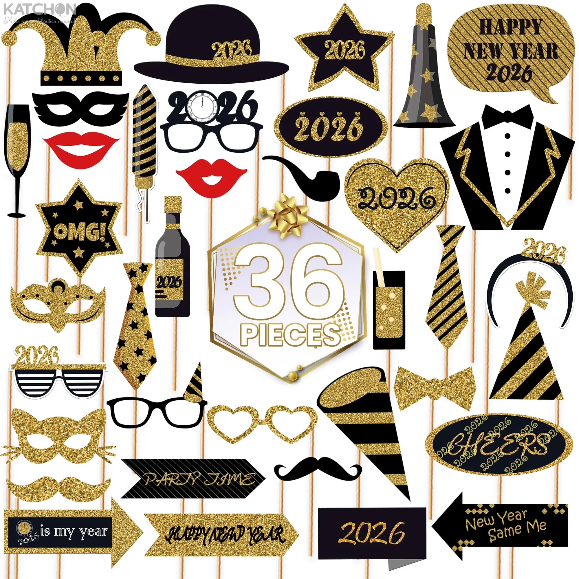Premium Novelty Light with Glitter Photo Booth Props, Happy New Year Decorations 2026, Pack of 36 | Eve Photo Booth Props 2026 - Gold Model 9E6E20