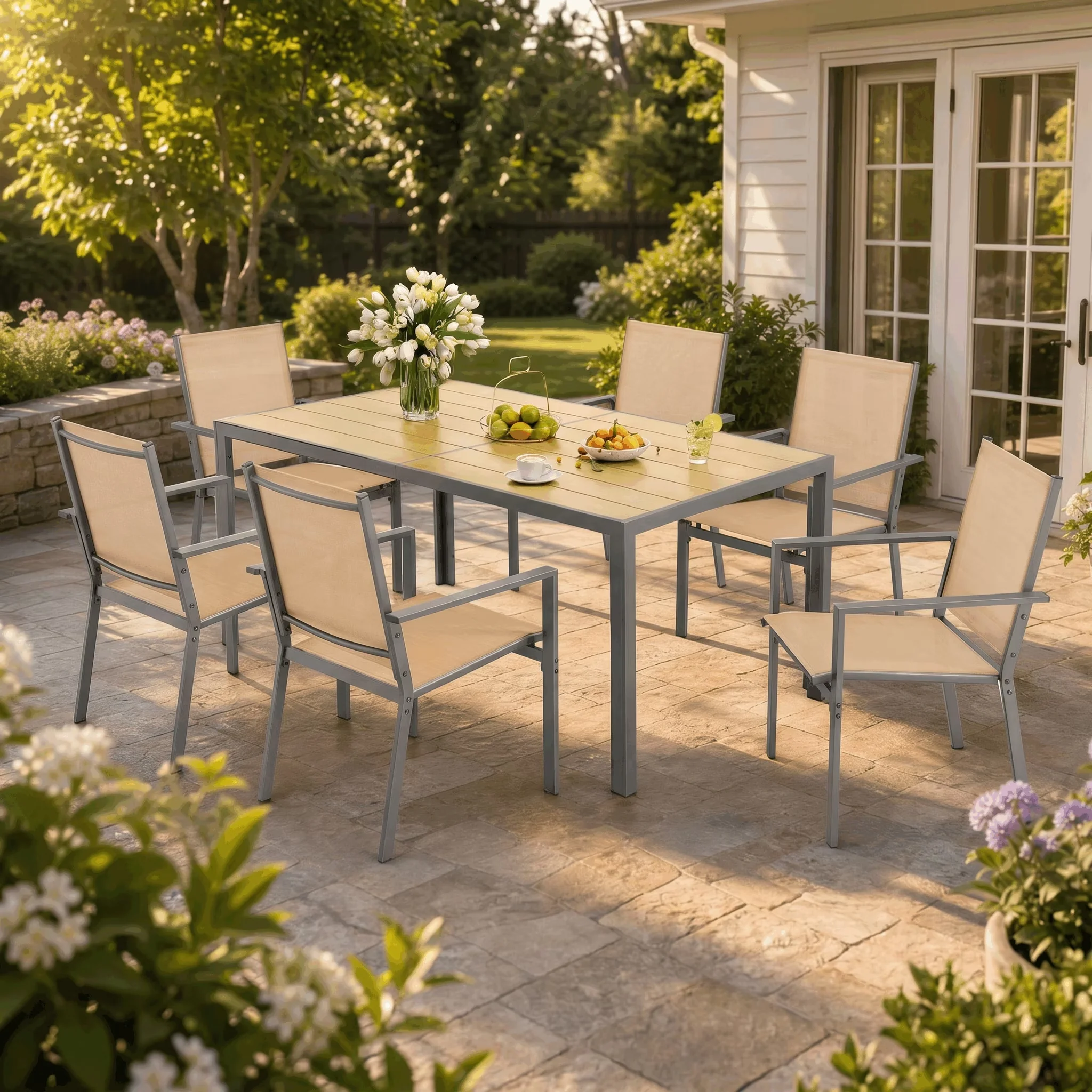 Versatile Patio Dining Set with Weatherproof - Brown Steel/Textilene 7 Pcs Model D247E2