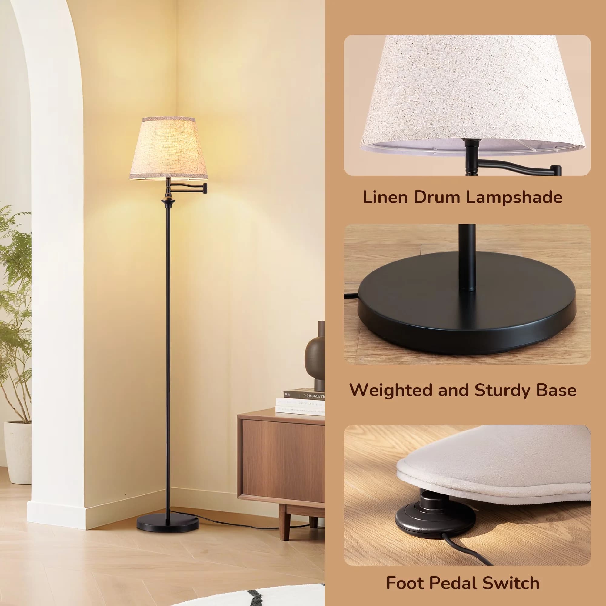 Stylish Floor Lamp with LED, Adjustable Head, Swing Arm Lamps - Metal Bronze for Living Room Model E8D6B5