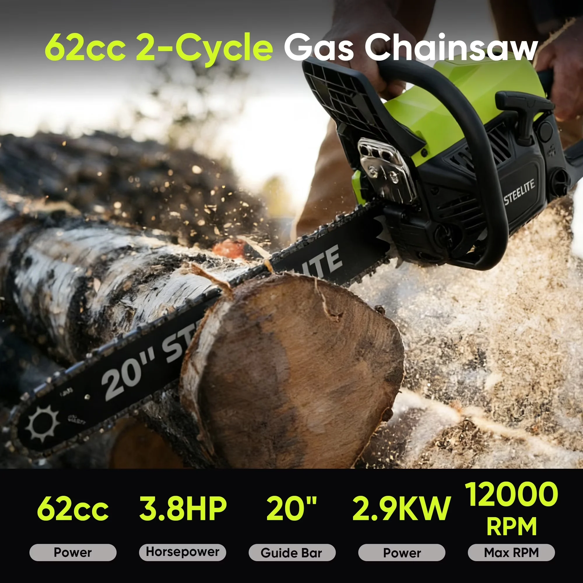 Modern Chainsaw with Chain Brake, 62CC Gas Powered, Gasoline Gas Chainsaws - Model D9A95F