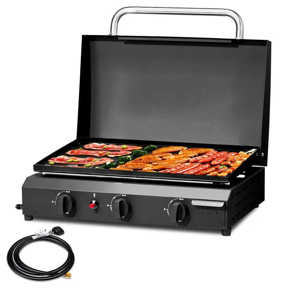 Flat Top Grill Premium with 30000 BTU, Grease Pan - Iron, Stainless Steel, Plastic Black for Outdoor Model 225879