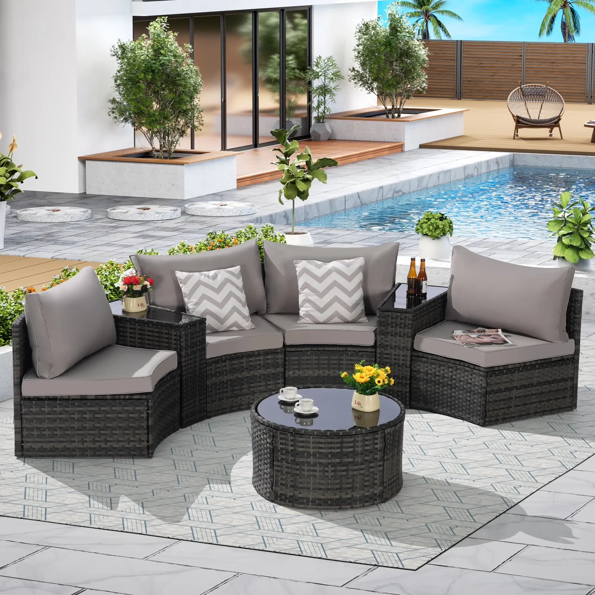 Outdoor Sofas Sectional Sleek with Fade Resistant, Farmhouse, Light Gray - Rattan+Metal Gray Model E96474