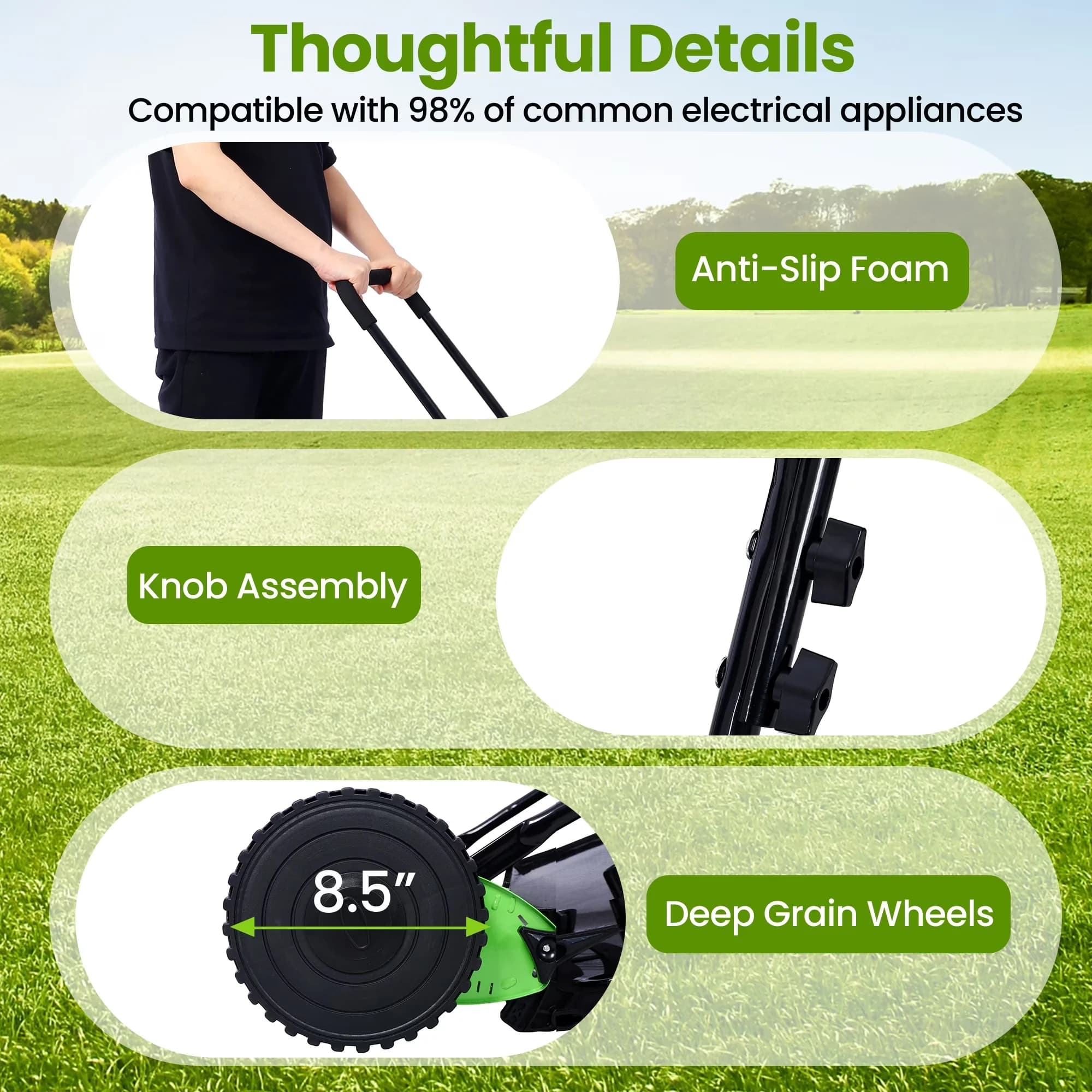 Stylish Push Mower with Adjustable, 14-Inch 5-Blade Real Lawn Mover, Grass Catcher - Model 371148