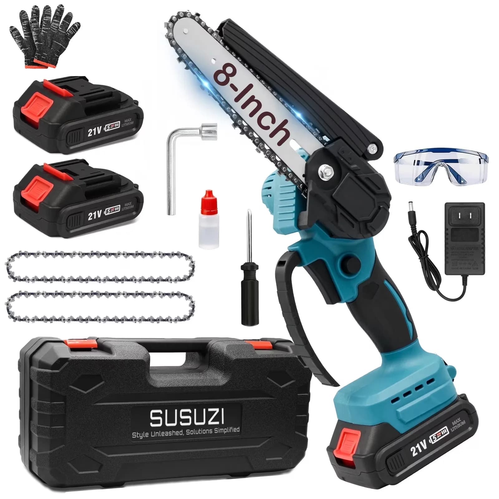 Premium Chainsaw with Battery, Automatic Chain Oiler, 8-Inch Cordless - Blue Model 360A37