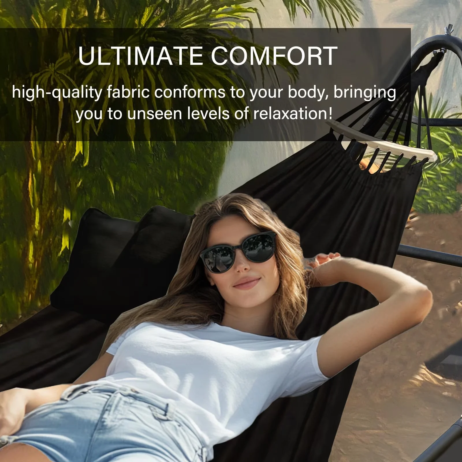 Patio Chair Compact with Portable, Hammock, Stand - Black Steel, Nylon Model C3EFA4