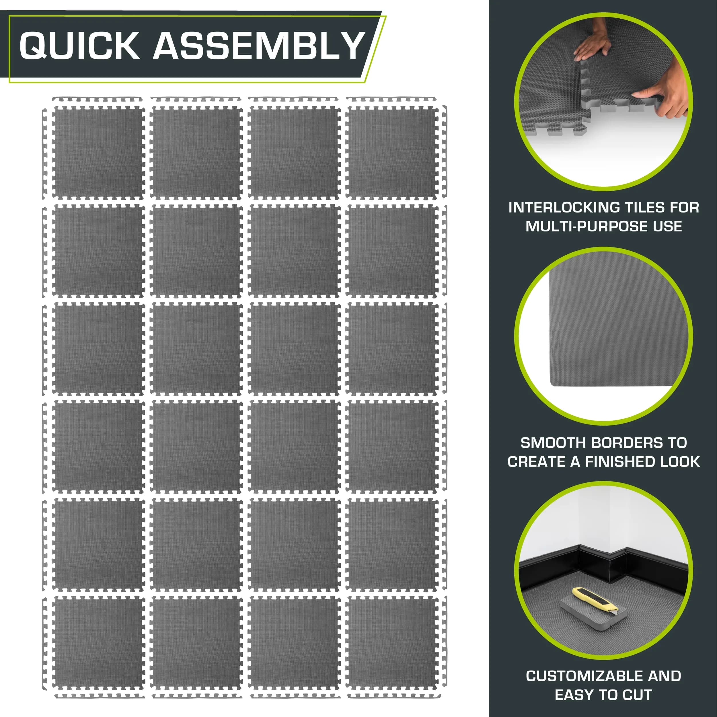 Grey Vinyl Flooring Vinyl Plank Flooring Premium with Interlocking, 24 Tiles, 96 Sq Ft - Gray Eva Foam Model 547962