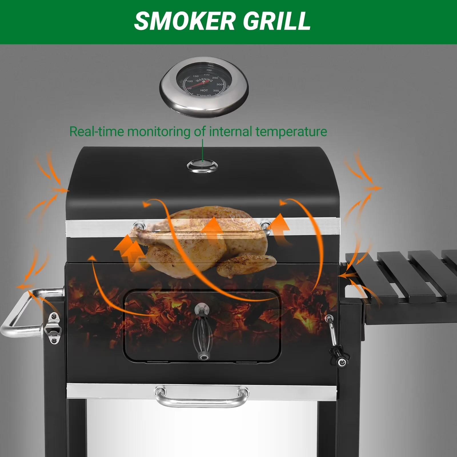 Premium Charcoal Grill with Adjustable Air Vents, 2 wheels are easy to carry anywhere., Liftable Tray - Steel Black Model 06D4E7