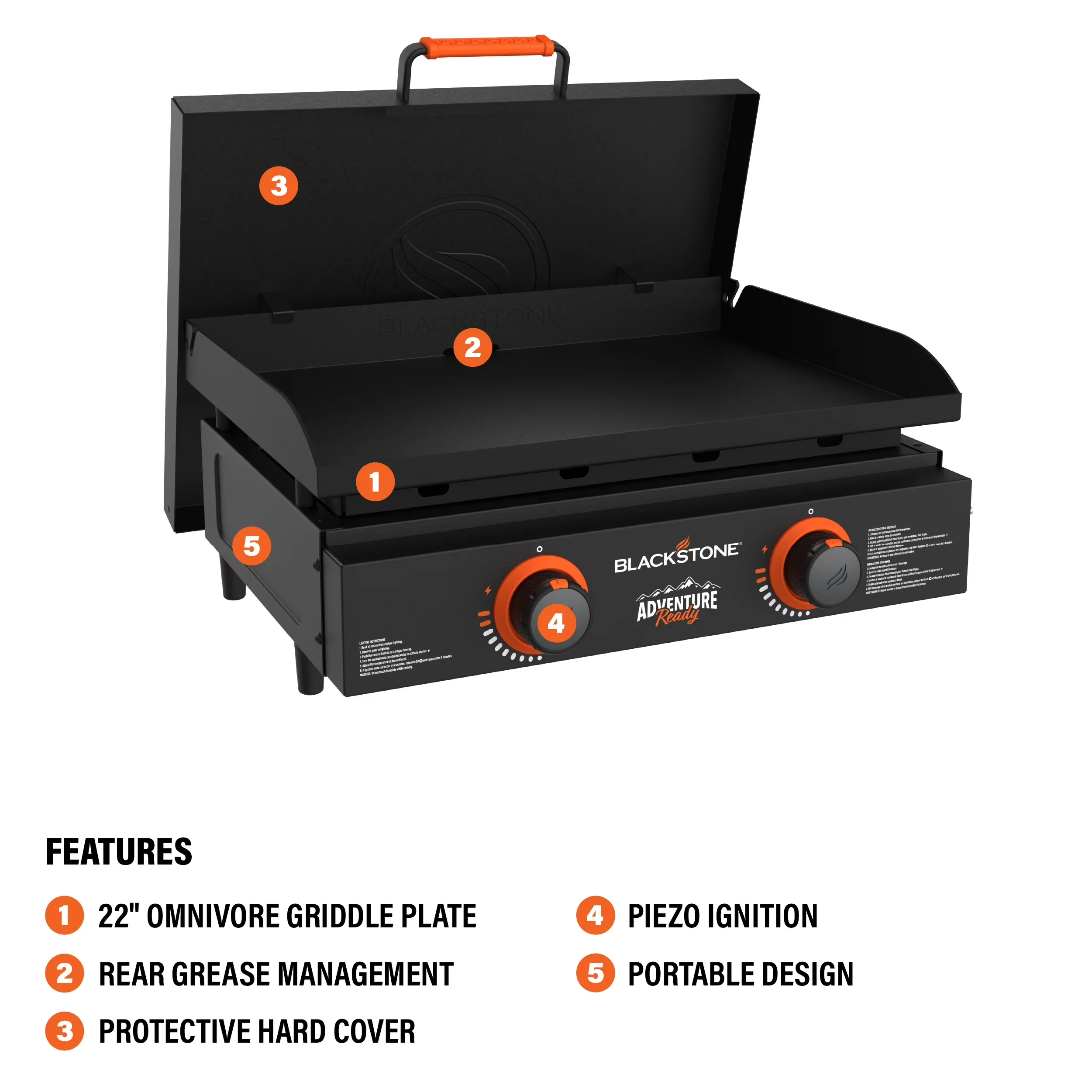 Gas Grill Premium with Grease Pan, 22 Inch 2-Burner Flat Top, Cover - Steel Model E89BBE