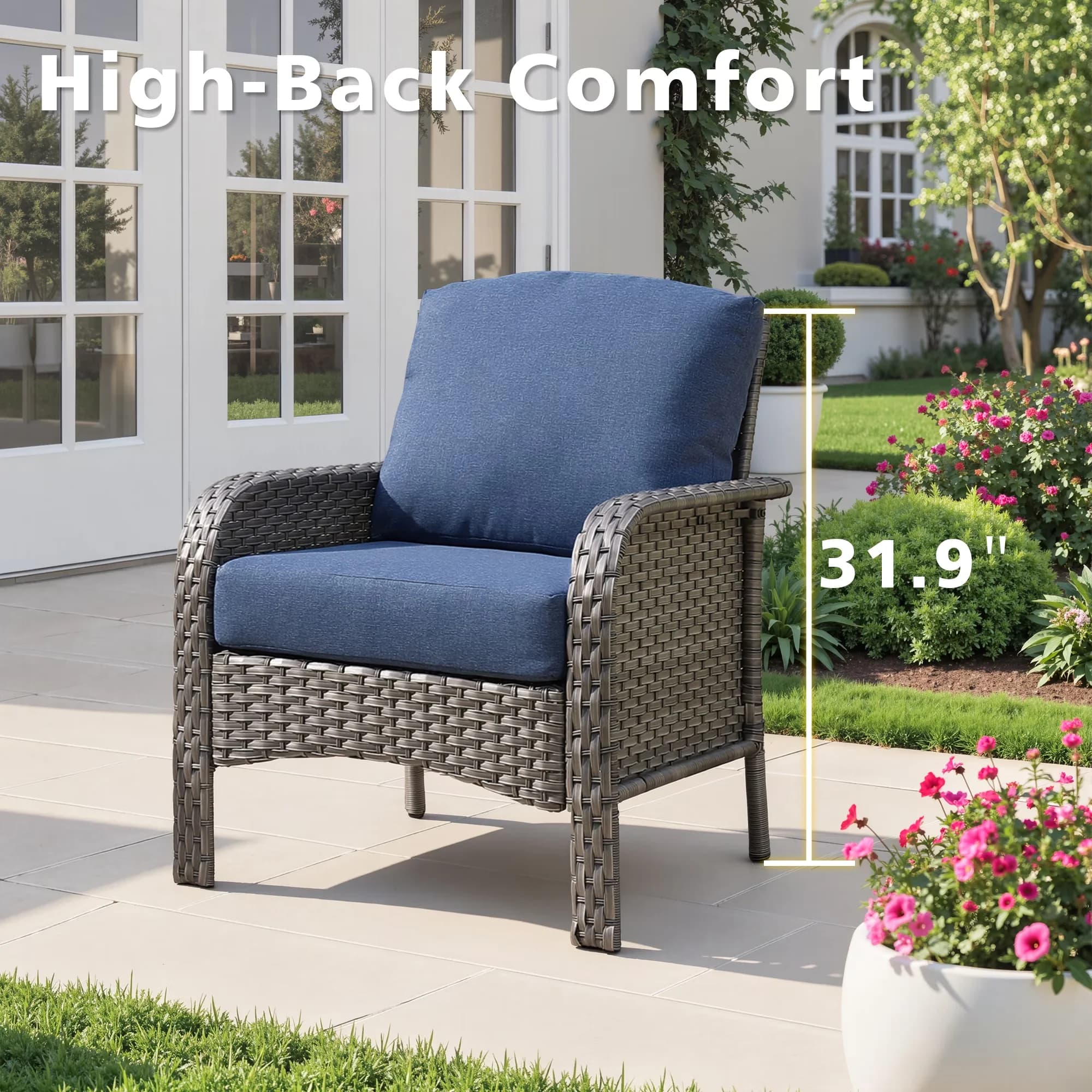 Premium Patio Dining Set with Weatherproof, Cushions, Denim Blue - Wicker Blue Model 209EAF