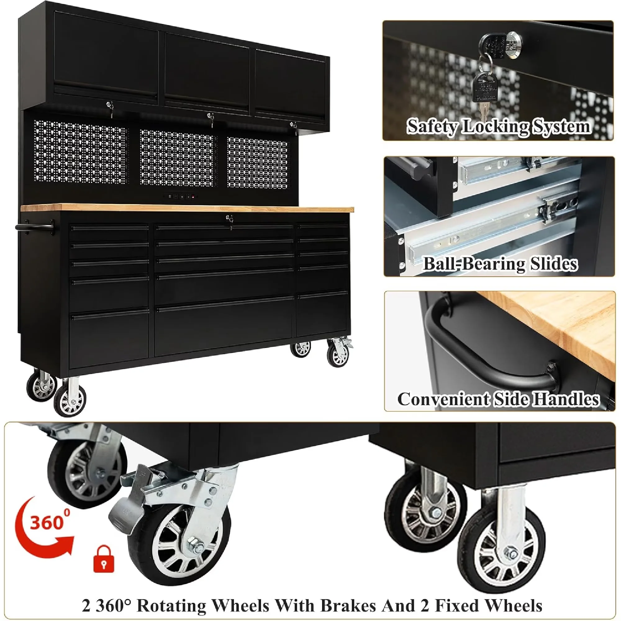 Toolstorage Classic with LED, Heavy-Duty, Caster Wheels - Black Metal & Wood for Garage Model 847009