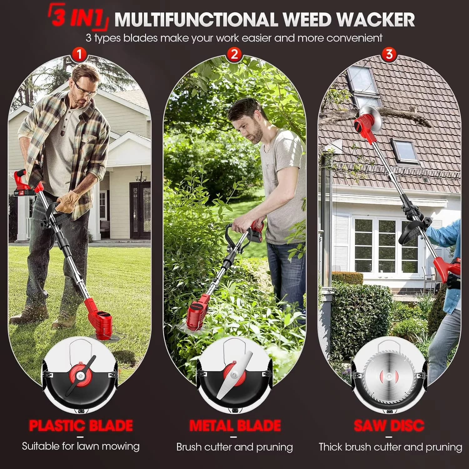 Quality String Trimmer with Battery, Brushless, Cordless Weed Wacker 3-in-1 for Garden - Model 690381