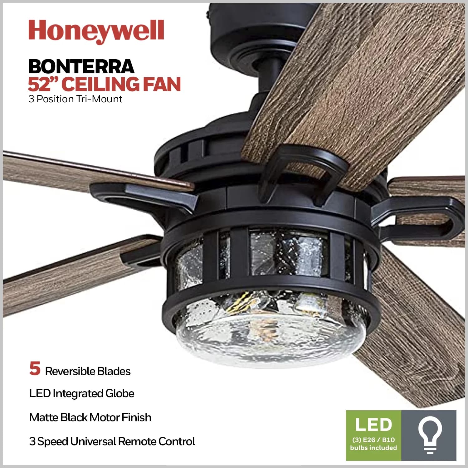 Efficient Ceiling Fan with LED, Contemporary, Industrial - Bronze, Beige, Multicolor Glass Model 9E7DBC