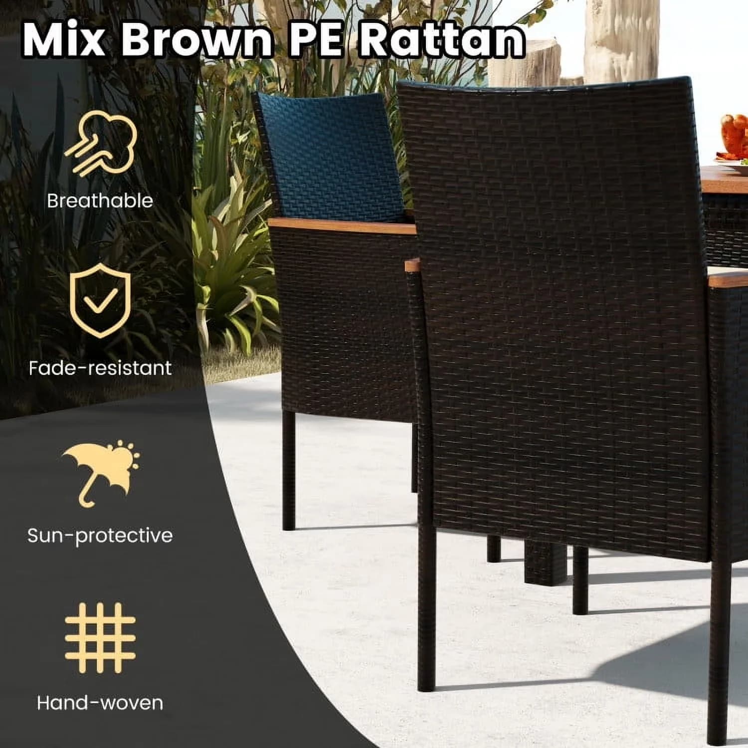 Compact Patio Dining Set with Collapsible, Stackable Chairs and Umbrella Hole - Beige Pe Rattan, Acacia Wood, Metal, Polyester,... Model DC80EE