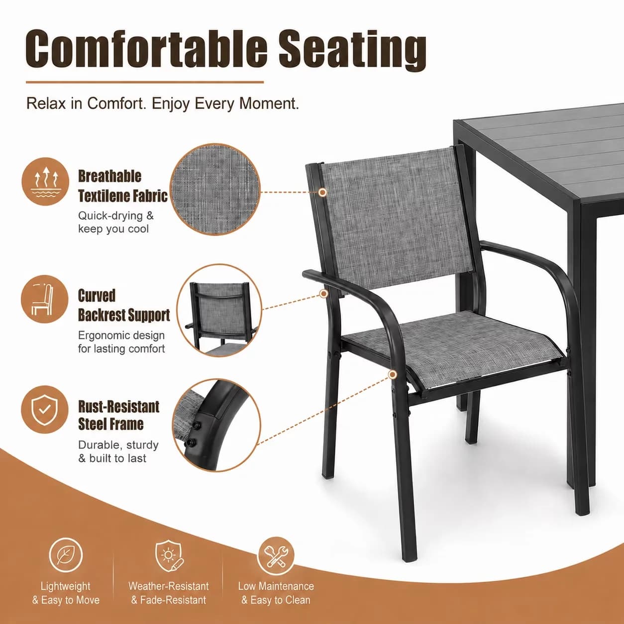 Patio Conversation Set Quality with Modern, Dining Table, 7 Piece Outdoor Dining - Gray Textilene + Steel Frame + Plastic Wood Model 3B6D9F
