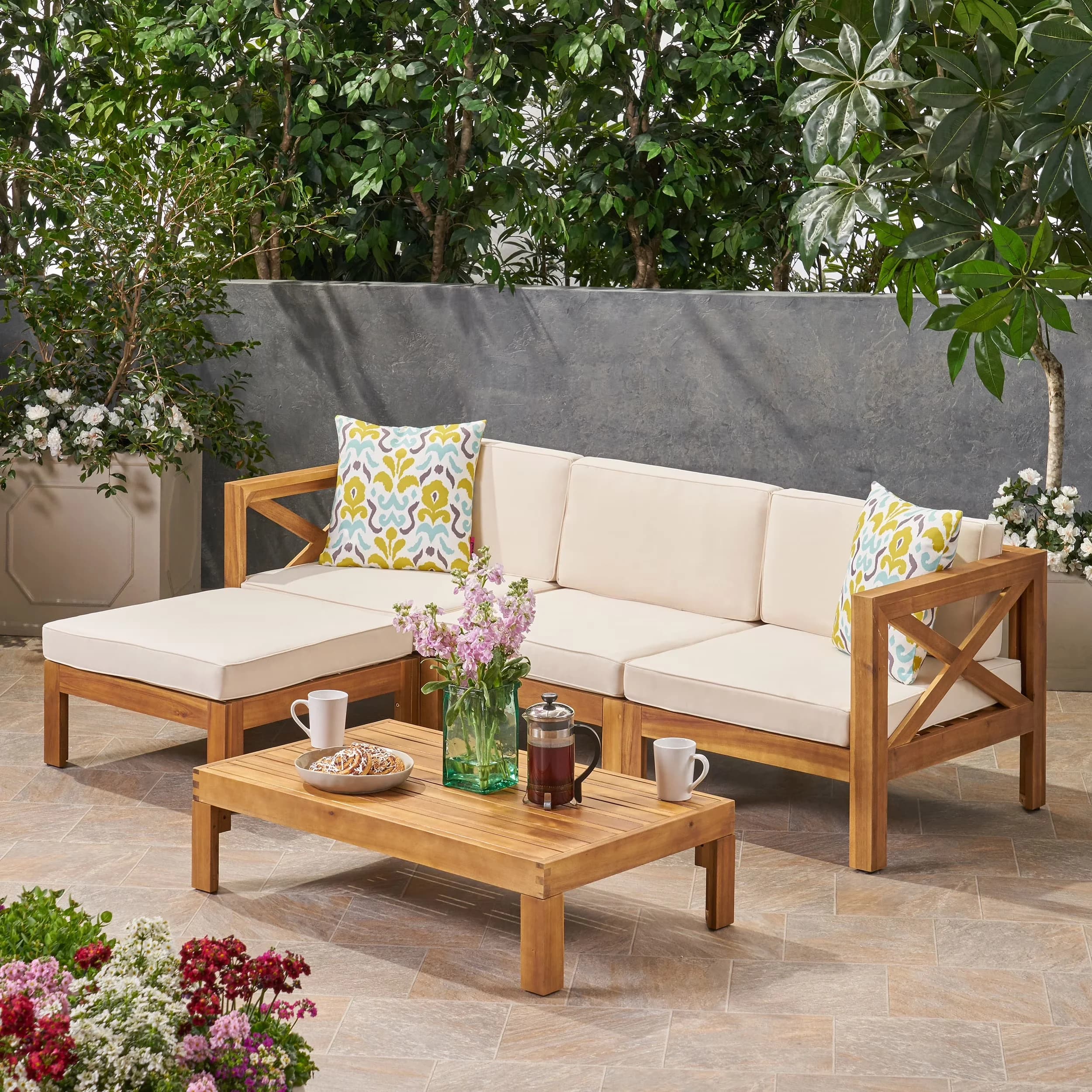 Compact Outdoor Sofas Sectional with L Shaped Sofa Set, Acacia Wood Frame Combined Couch - Acacia Wood Beige for Patio, Garden Model 2B3347