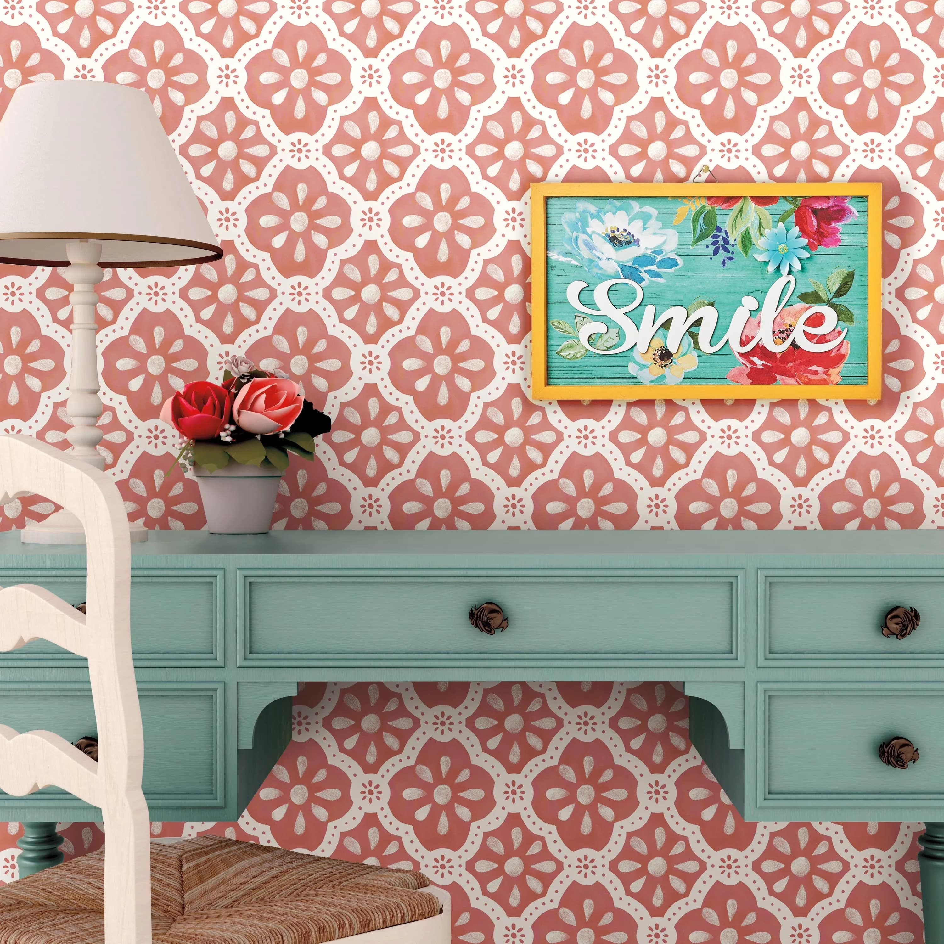 Sleek Wallpaper Wall Decals Wall Covering with Removable, 18" x 18.86', Pink Salmon Washy Trellis Peel and Stick - Pink Vinyl Model 2A6961