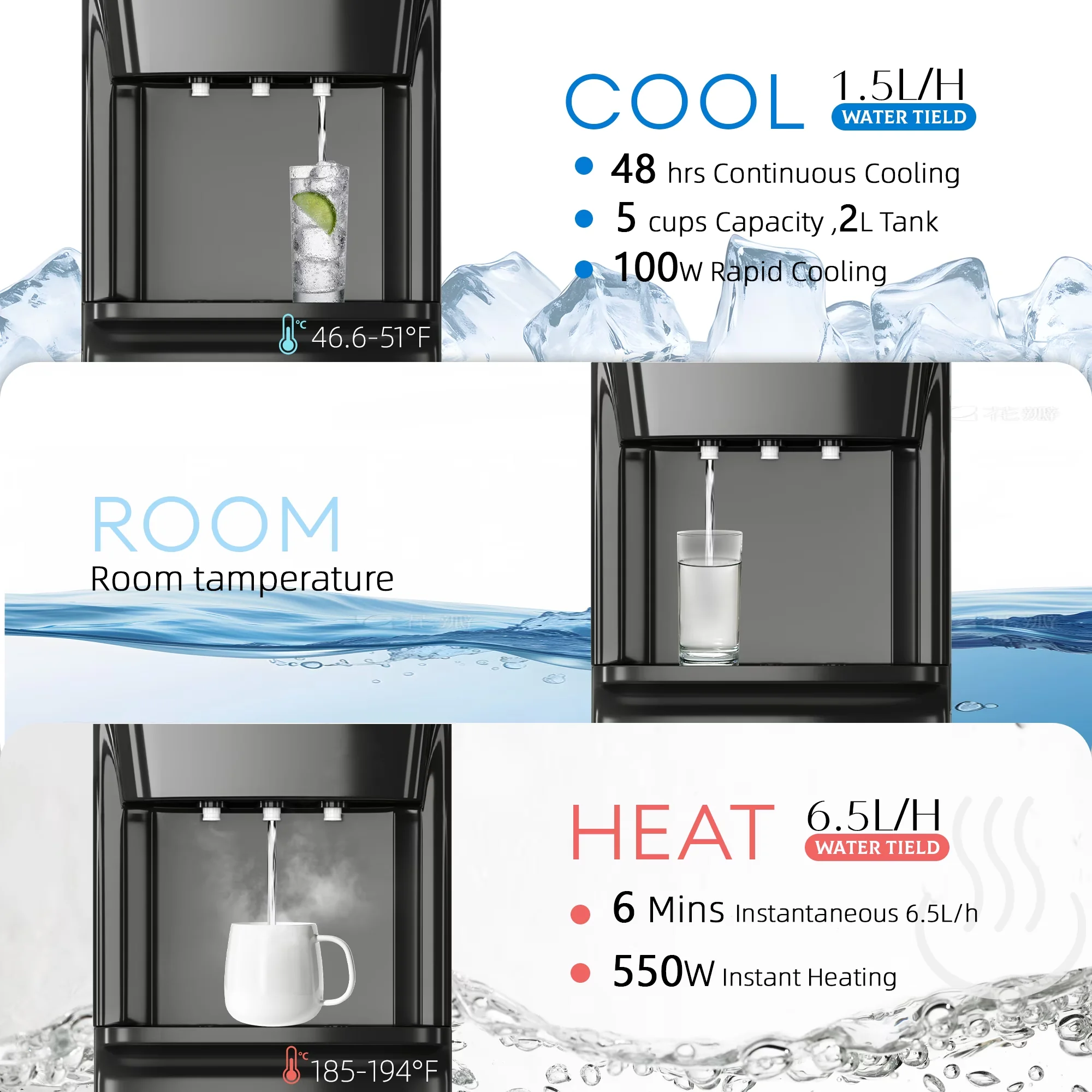 Premium Water Filtration with Child Safely Lock, Bottom Loading Dispenser - Plastics Black Model 3A2425