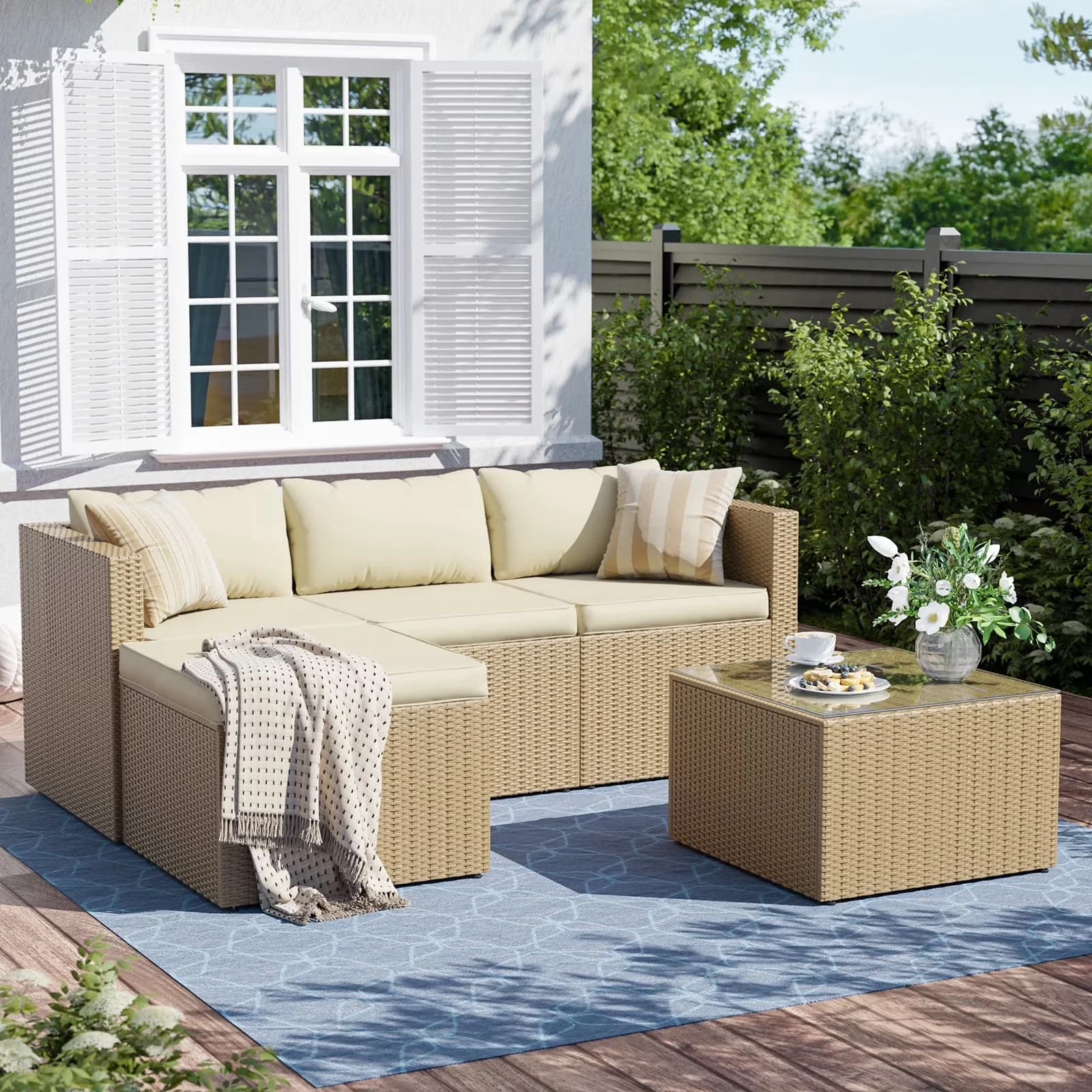 Durable Patio Conversation Set with Weatherproof, Table & Cushions, Beige - Yellow Pe Rattan Model 69F66E