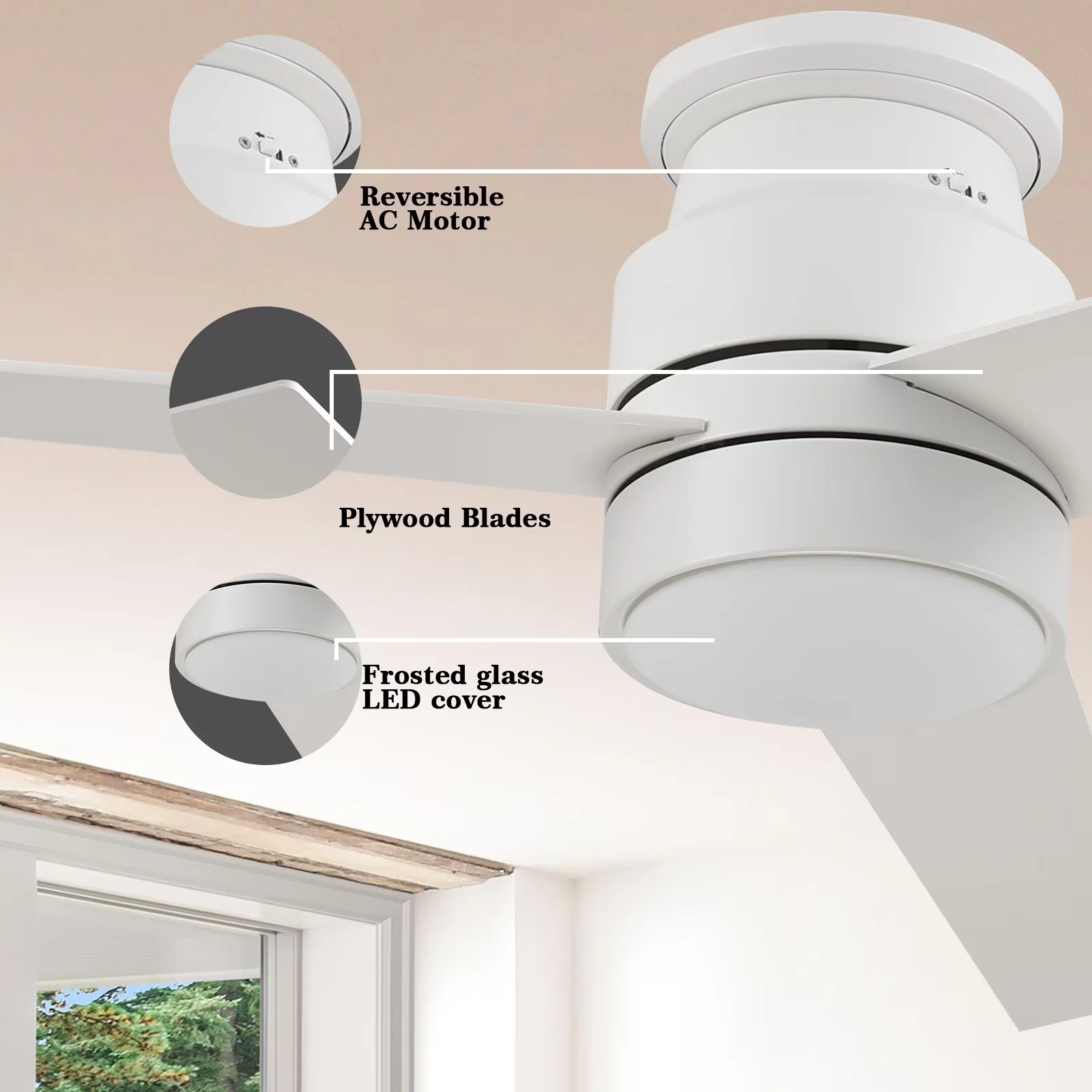 Ceiling Fan Classic with LED, Dimmable, Modern - Glass White Blades - Traditional Style Model 3ADA06