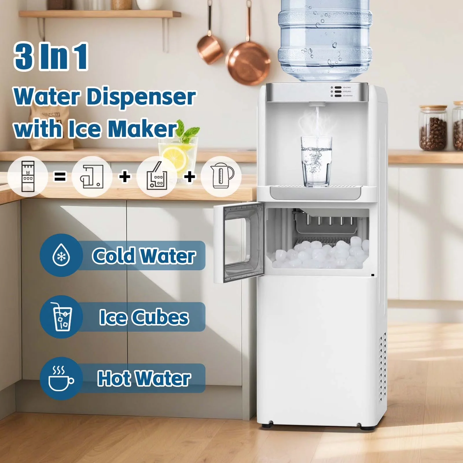 Premium Water Filtration with Child Safely Lock, Ice Maker - White Abs, Stainless Steel for Home Office Model DD2A64