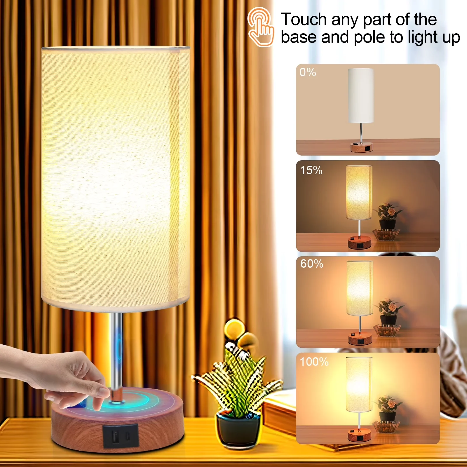 Reliable Lamp with Incandescent, Bedside Lamps, Dimmable - Yellow Wood for Bedroom Model 0B7BE2